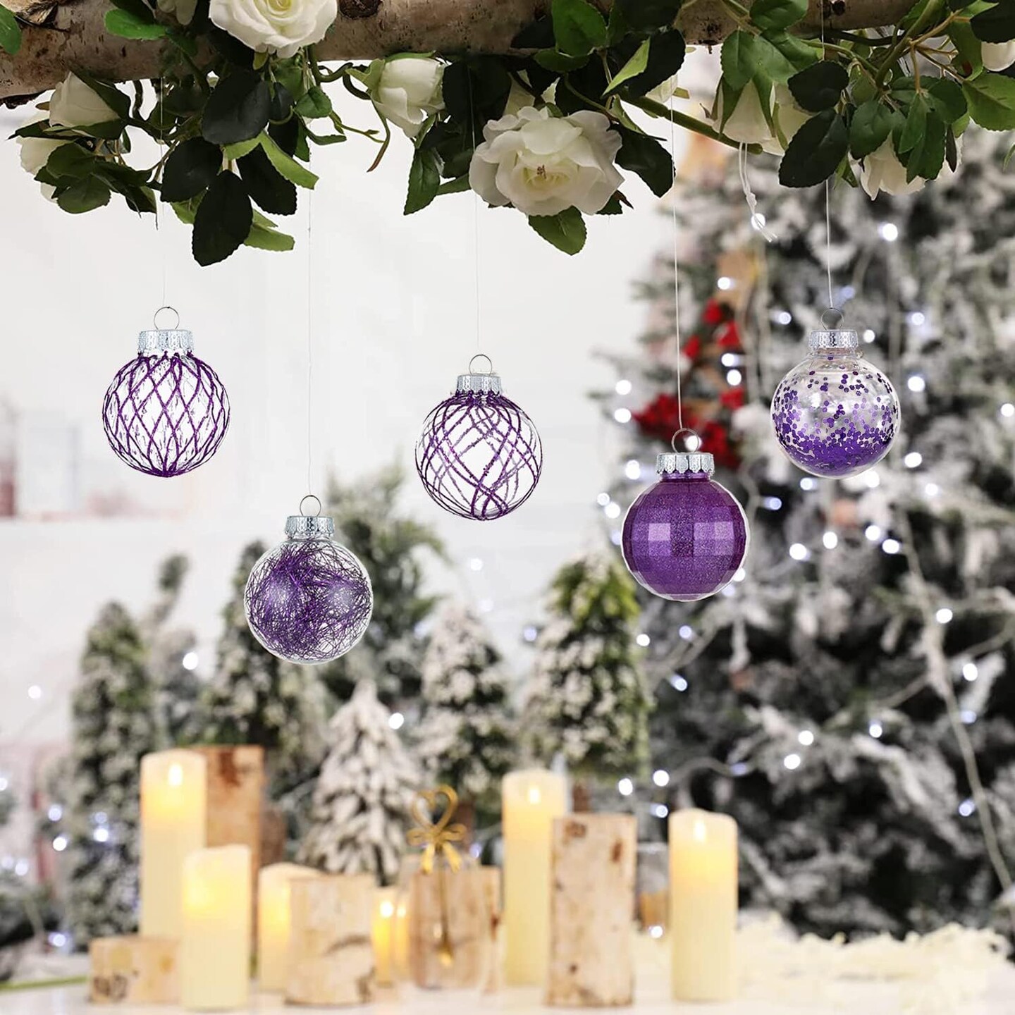30ct Christmas Ball Ornaments-60mm/2.36&#x22; Shatterproof Clear Plastic Xmas Balls Baubles Set with Stuffed Delicate Sparkling, Hanging Christmas Tree Decorations (Purple)