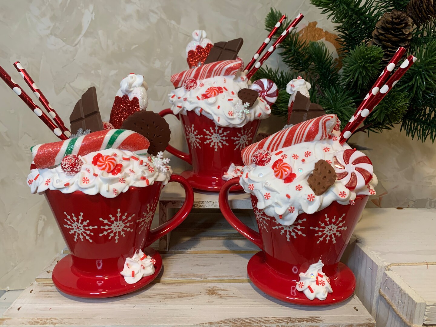 Christmas Faux Whipped Cream Hot Cocoa or Coffee Mugs, Peppermint