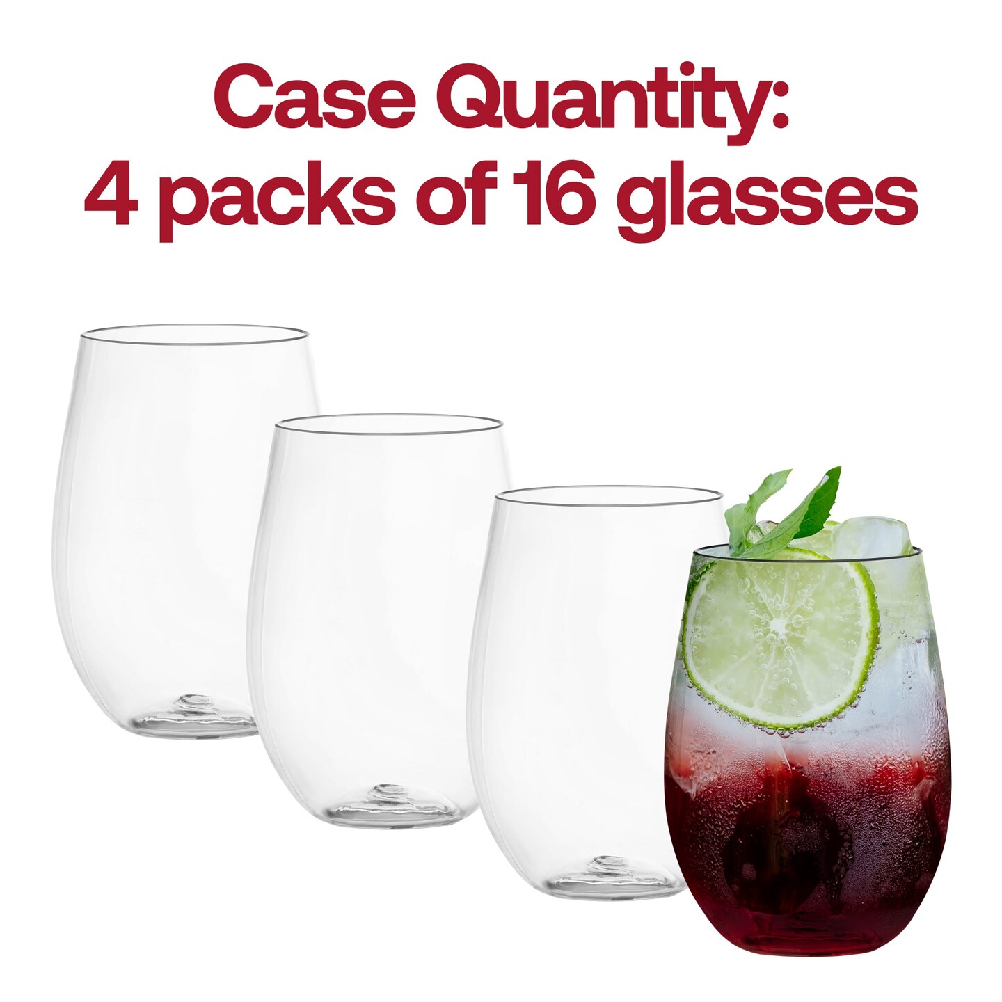 Clear Elegant Stemless Disposable Plastic Wine Glasses - 16 oz. (64 Glasses)