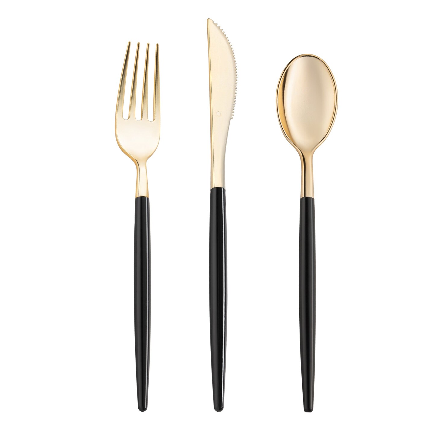 Gold with Black Handle Moderno Disposable Plastic Cutlery Set (240 Guests)