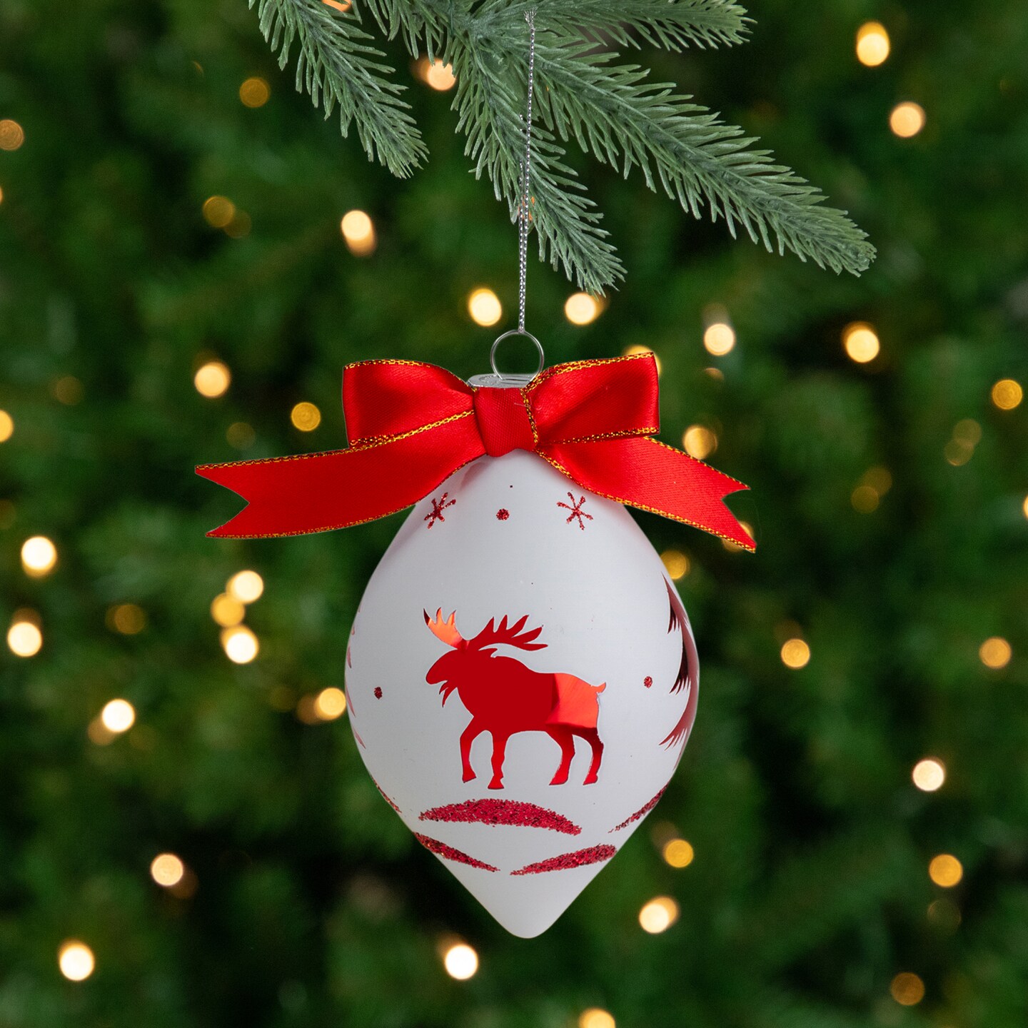 Northlight 5&#x22; Red and White Moose Christmas Teardrop Ornament
