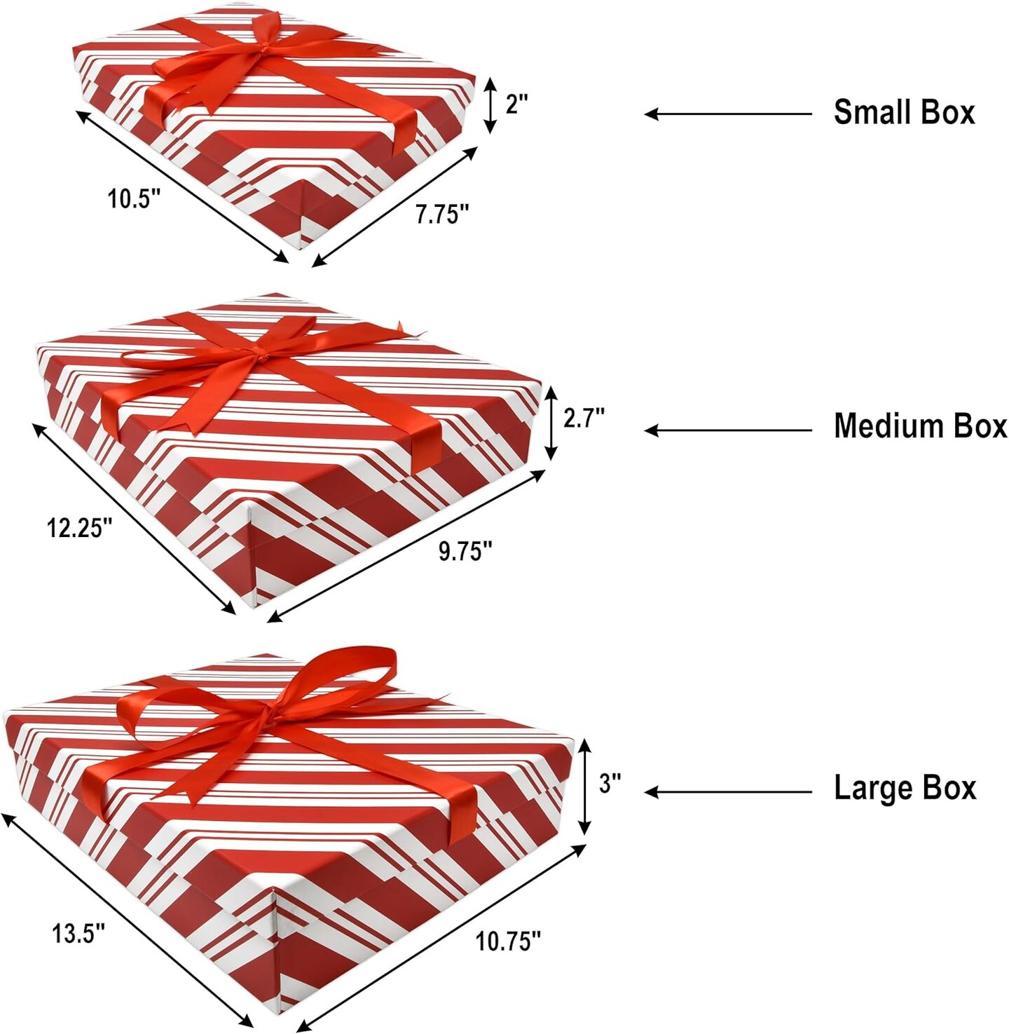 Christmas Nesting Gift Boxes Rectangle 3 Pack Peppermint Candy Cane striped Design Christmas Stacked Apparel Box with Lids in Assorted Sizes for Gift Giving Holiday Decorative Gifts Present Wrapping