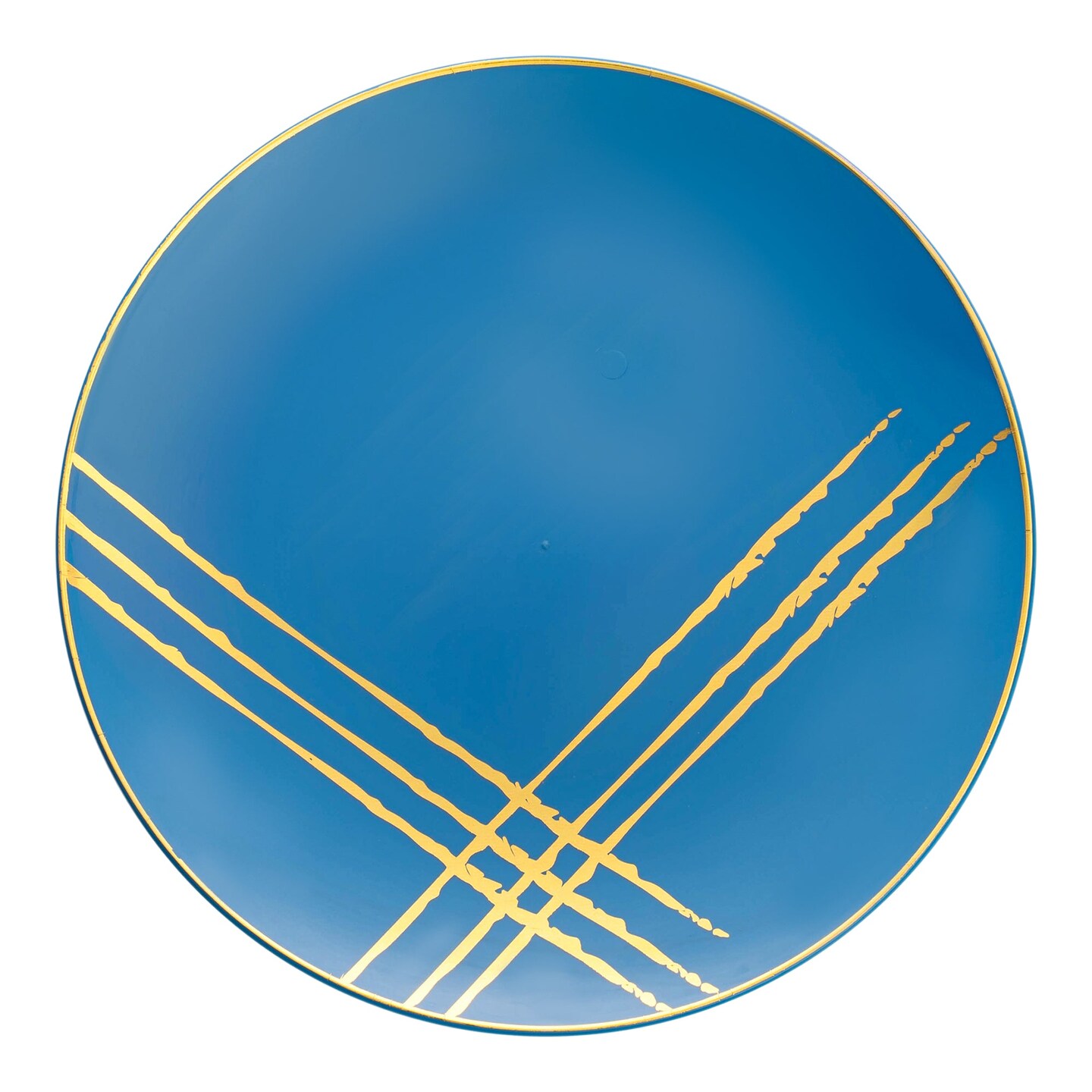 Blue with Gold Brushstroke Round Disposable Plastic Dinner Plates - 10.25" (120 Plates)