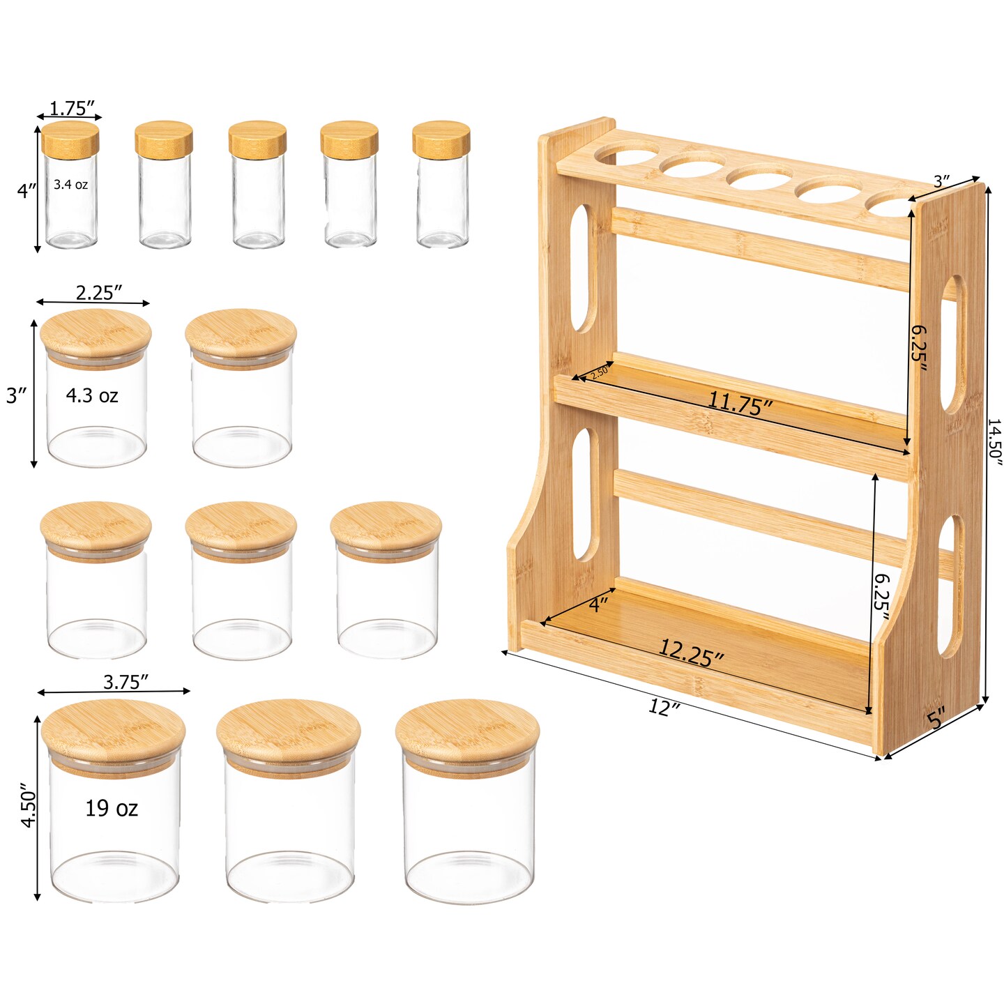 Basicwise Minimalist Two-Tier Bamboo Lazy Susan Turntable with 8 Pcs 12 oz Airtight Lid Glass Jars, Versatile Spice Rack Organizer, Perfect for Kitchen Countertops, Dining Tables, and Pantry Cabinets