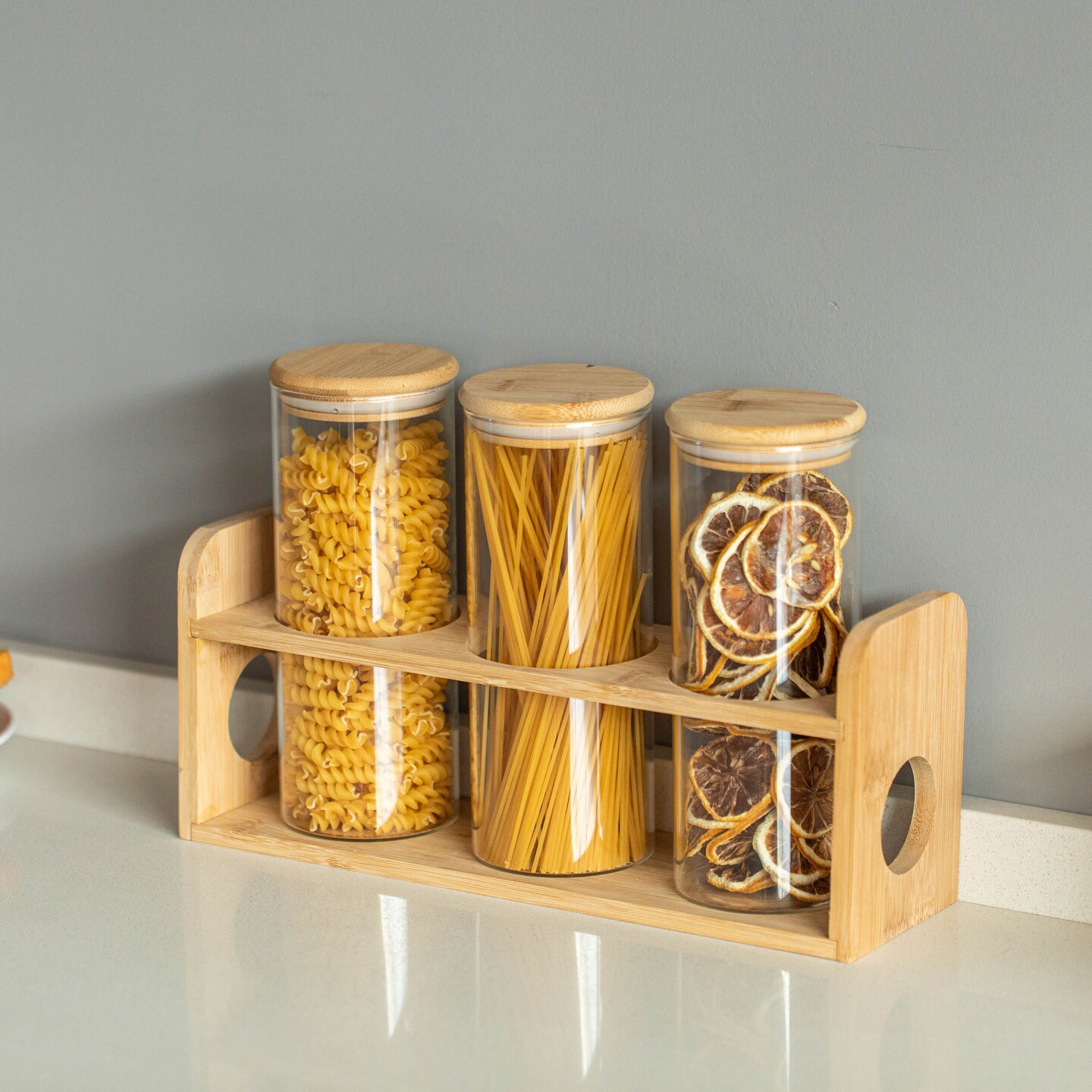 Basicwise 3 Pcs 30oz Glass Jars with Bamboo Shelf for Storing Ground Coffee, Sugar, Beans and Grains, Airtight Canisters for Nuts, Pasta, Flour and Tea Bags - Ideal for Kitchen and Pantry Organization