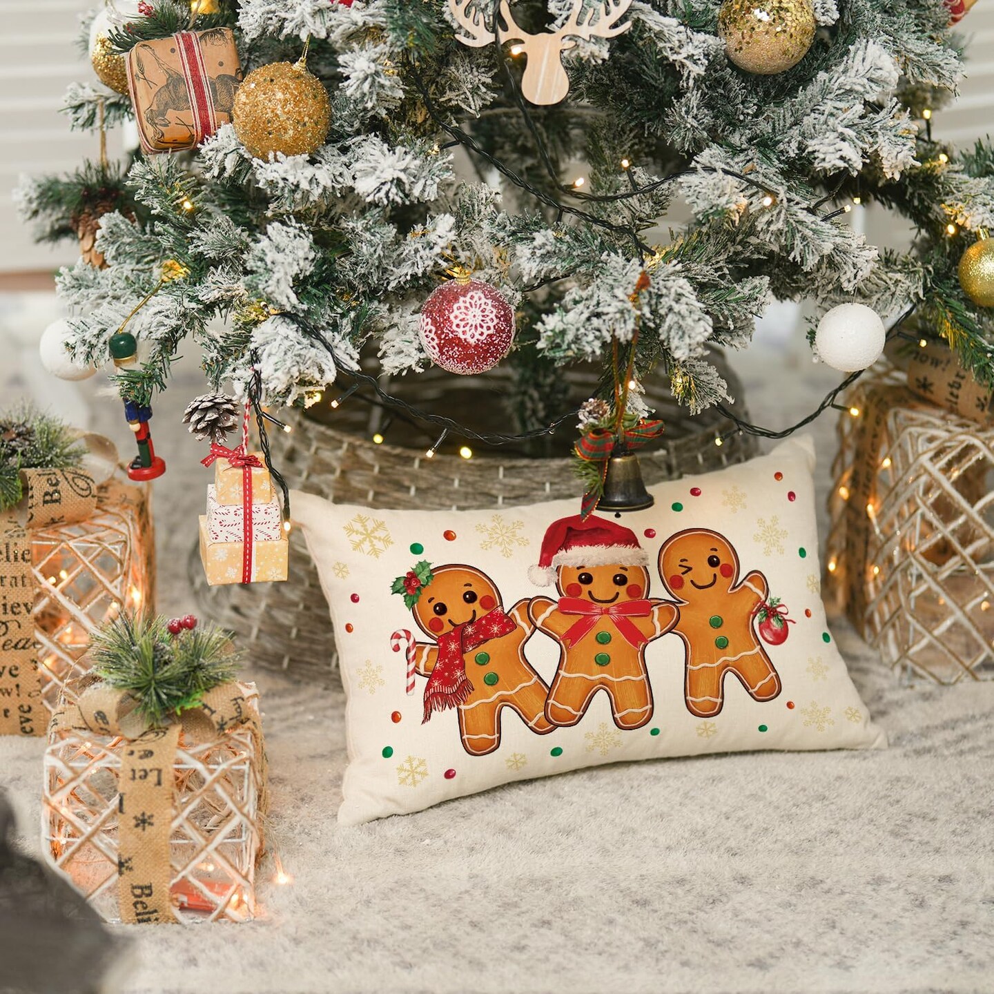 Christmas Gingerbread Man Snowflake Throw Pillow Cover, 12 x 20 Inch Winter Holiday Cushion Case Decoration for Sofa Couch