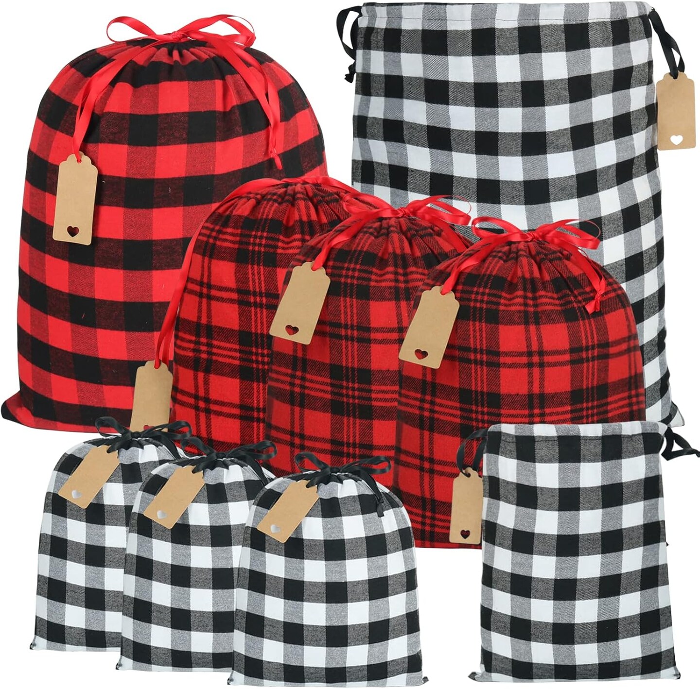 Buffalo Plaid Drawstring Bags, 9Pcs Soft Flannel Christmas Gift Bags Assorted Sizes Christmas Fabric Bags Reusable Christmas Gift Bags for Christmas Package Birthday Holiday Party(Red&Black)
