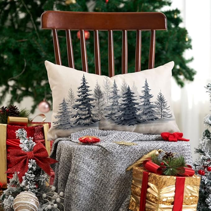 Christmas Pillow Covers 12x20 Christmas Decorations Watercolor Blue Christmas Tree Rustic Style Nature Forest Print Decorative Throw Pillows Winter Christmas Decor 003K12