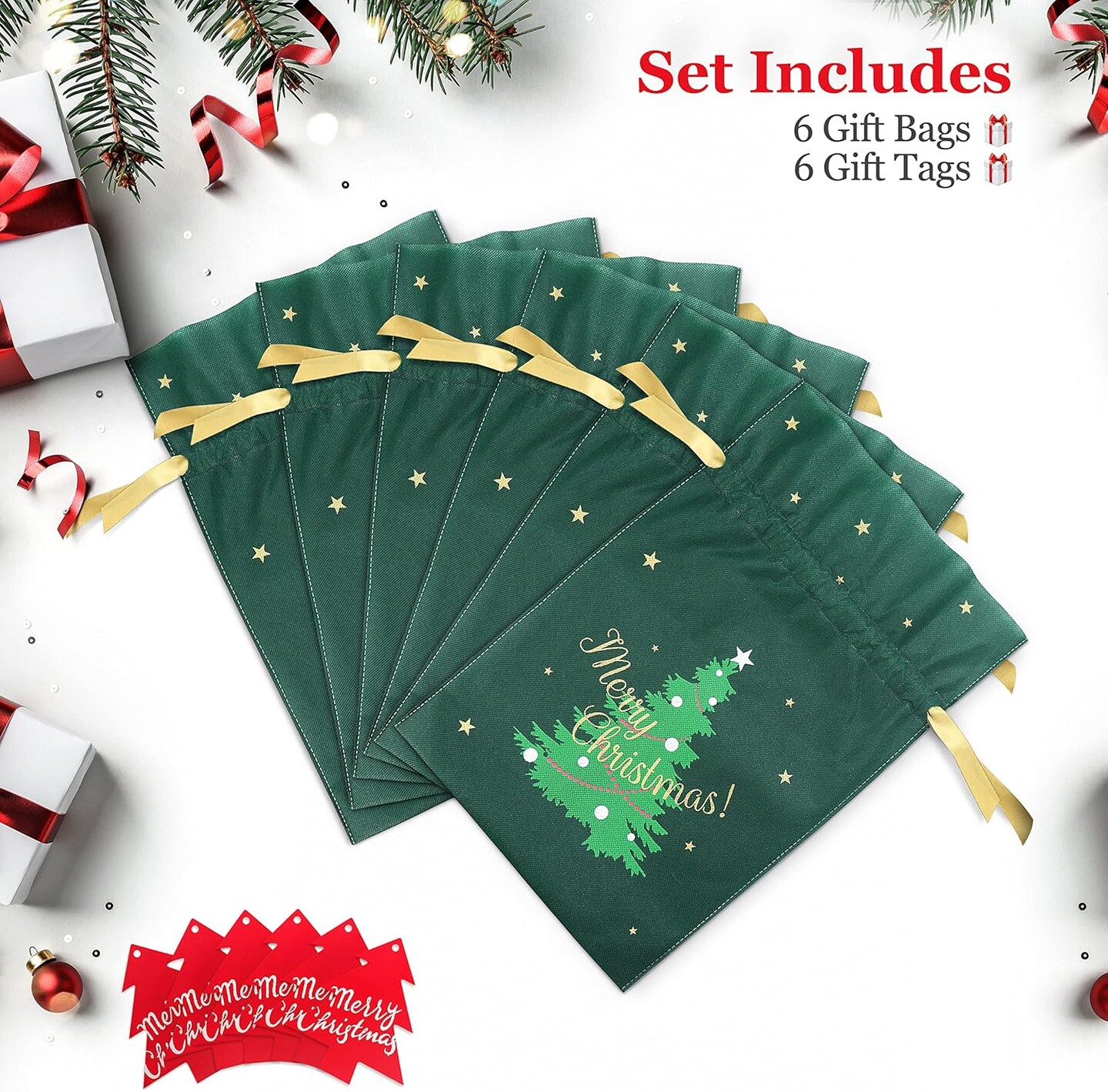 Fabric Gift Bags for Christmas Presents - 6 Pcs Christmas Bags with Drawstring, Large Christmas Gift Bags for Presents, Christmas Gift Wrap Reusable Christmas Bags for Gifts (Green Christmas Tree)