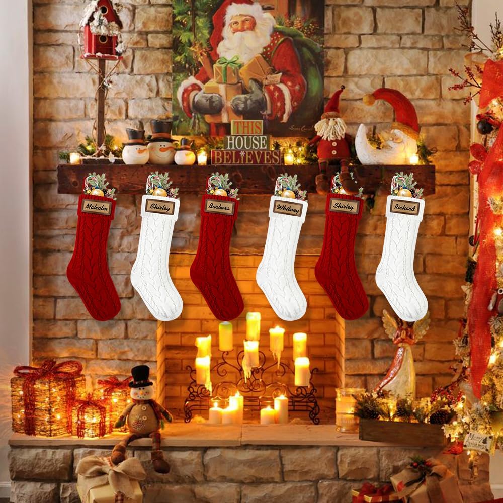 6 Pack Personalized Christmas Stockings, 18in Large Knitted Xmas Hanging Stocking Set Decoration with Leather Patches Custom Name for Holiday Christmas Family Decor (Red and White)