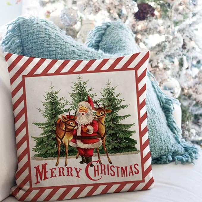 Vintage Christmas Pillow Covers 18x18 Set of 4 for Christmas Decorations, Red Retro Christmas Santa Trees Candy Cane Sleigh Rides Reindeer Rustic Country Holiday Decor Throw Pillows Cases