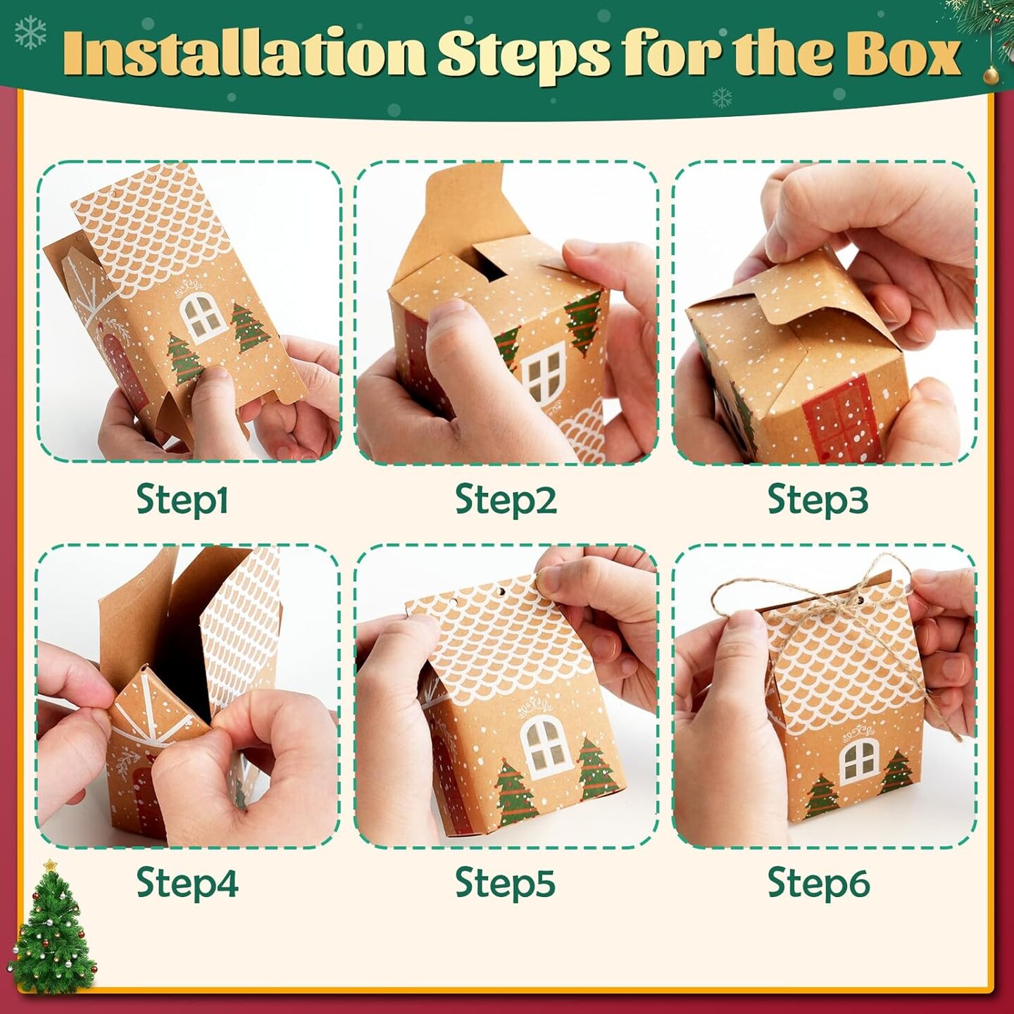 Small Christmas Treat Boxes 20Pcs Christmas Candy Cookie Boxes with 24 Ornaments Tags, Mini Christmas Party Gift Boxes Kraft Paper Gift Wrap Bags for Xmas Party Favors Gifts Wrapping