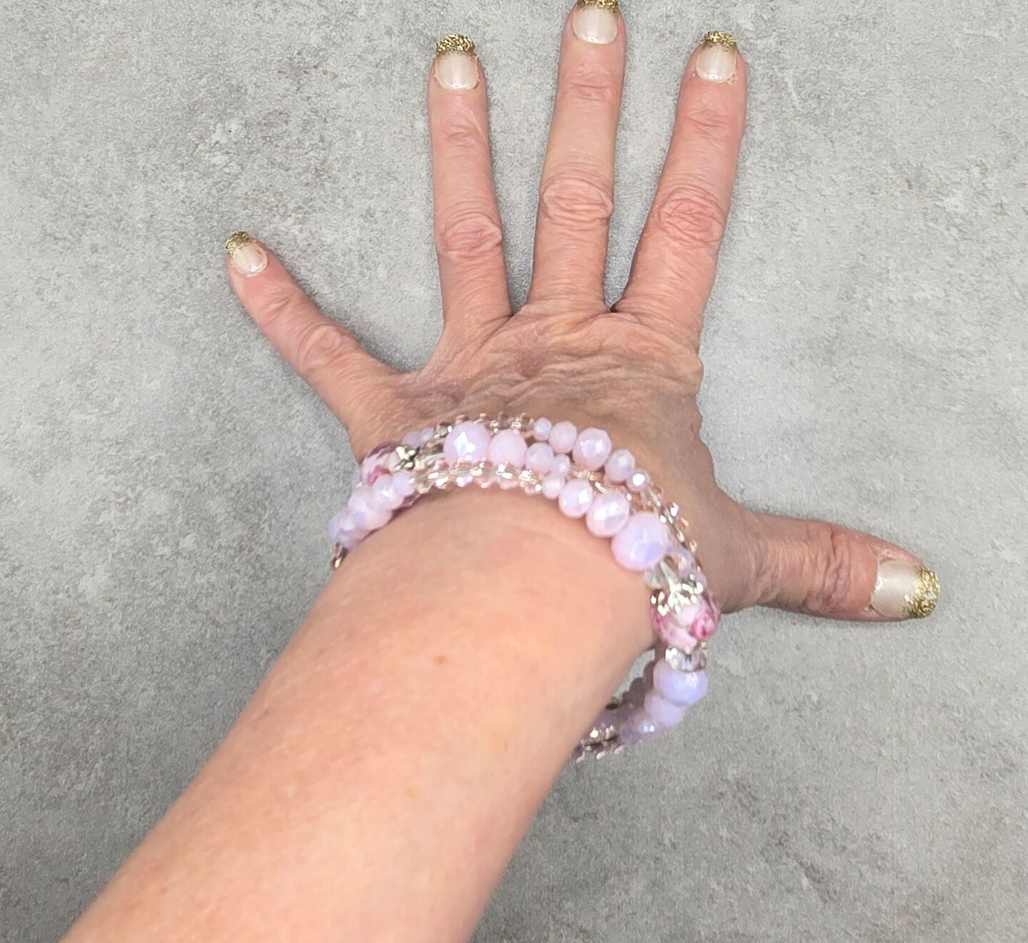 3 Coil Memory Wire Bracelet, Pink Crystal Bangle Bracelet