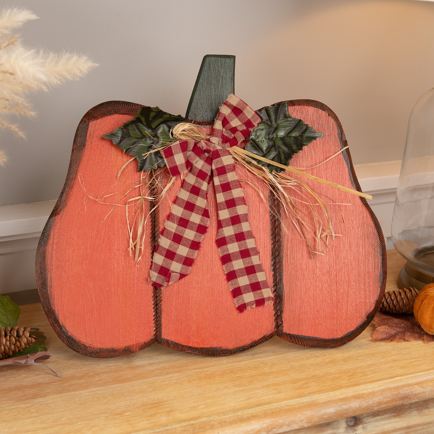 Northlight Wooden Pumpkin Fall Harvest Decoration with Bow and Leaves - 15.25&#x22;
