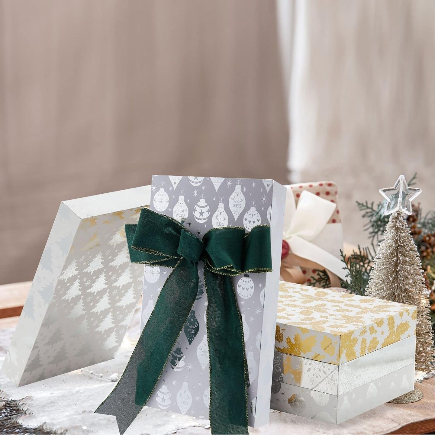 12Pcs Metallic Gold Silver Christmas Shirt Boxes, Xmas Tree, Snowflake, Nutcrackers, Mistletoe, Santa Gift Boxes with Lid, For Clothing Holiday Apparel Gift Wrapping Packaging 14.5x9.5x2 Inch