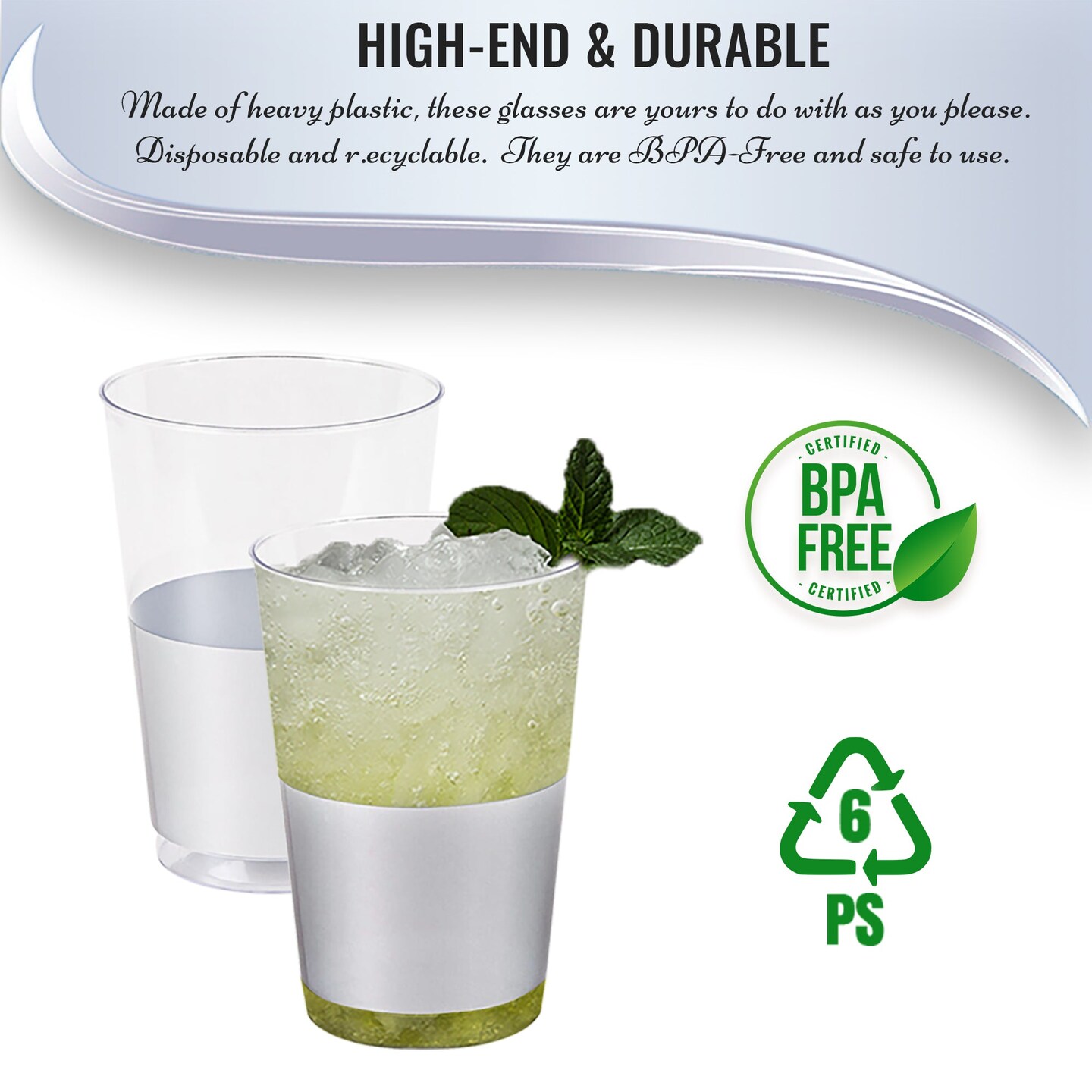 Clear with Metallic Silver Thick Bottom Round Disposable Plastic Tumblers - 12 oz. (240 Cups)