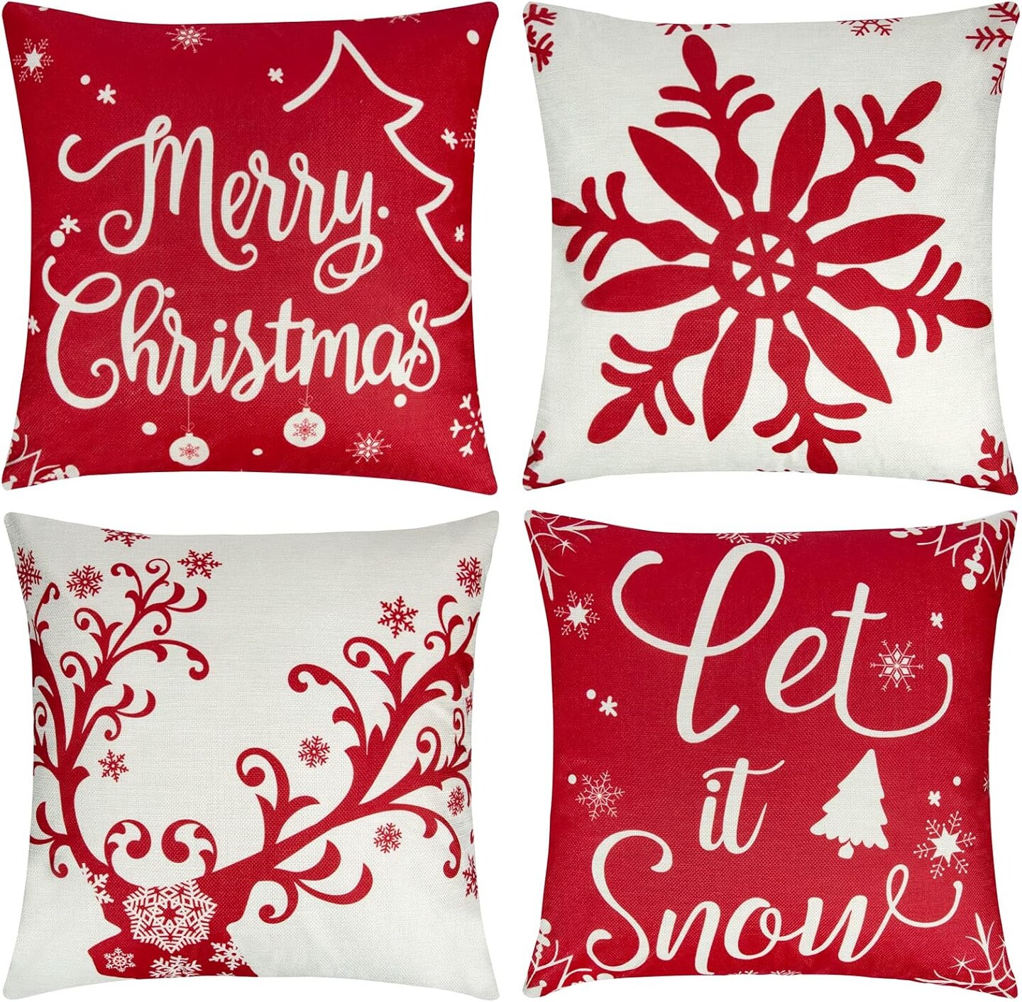 4Pcs Outdoor Christmas Pillows, Red Christmas Throw Pillows, Snowflakes Merry Christmas Let it Snow Deer Christmas Pillow Cases Holiday Pillow Covers 18x18 for Winter Home Decorations