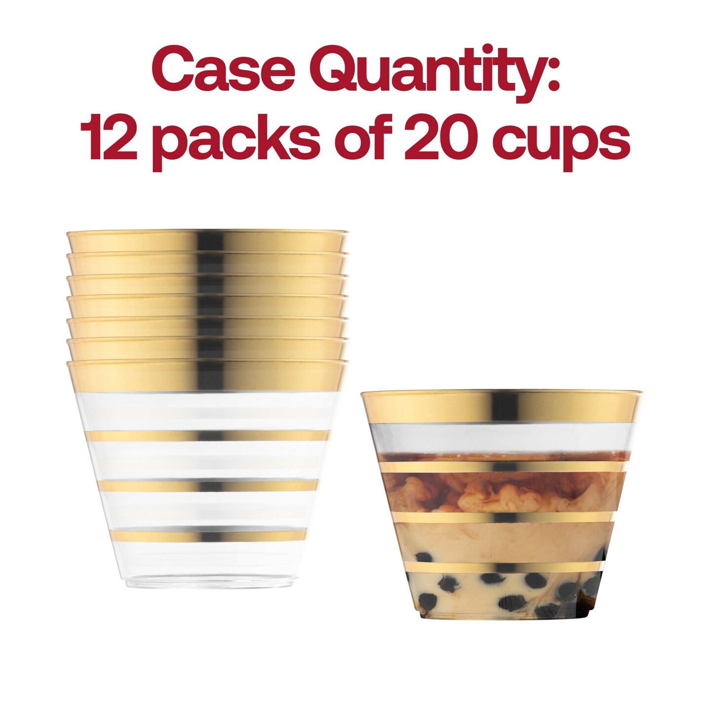 Clear with Gold Stripes Round Disposable Plastic Party Cups - 9 oz. (240 Cups)