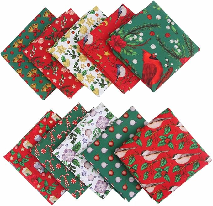 10PCS Christmas Cotton Fabric Bundles 20" x 20" Printed Fat Quarter Fabric Pre-Cut Squares Sheets Fabric for Patchwork Sewing DIY Crafting Quilting Fabric