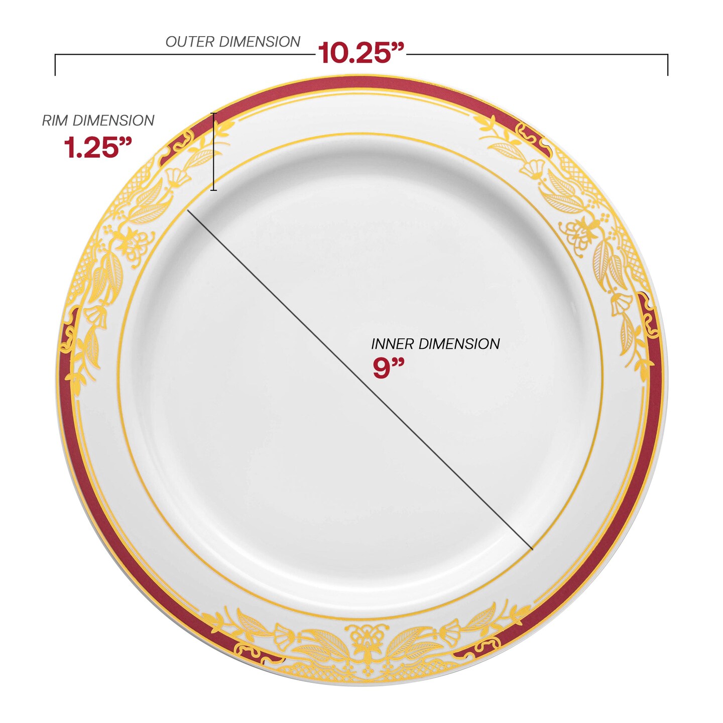 White with Burgundy and Gold Harmony Rim Plastic Dinnerware Value Set (120 Guests)