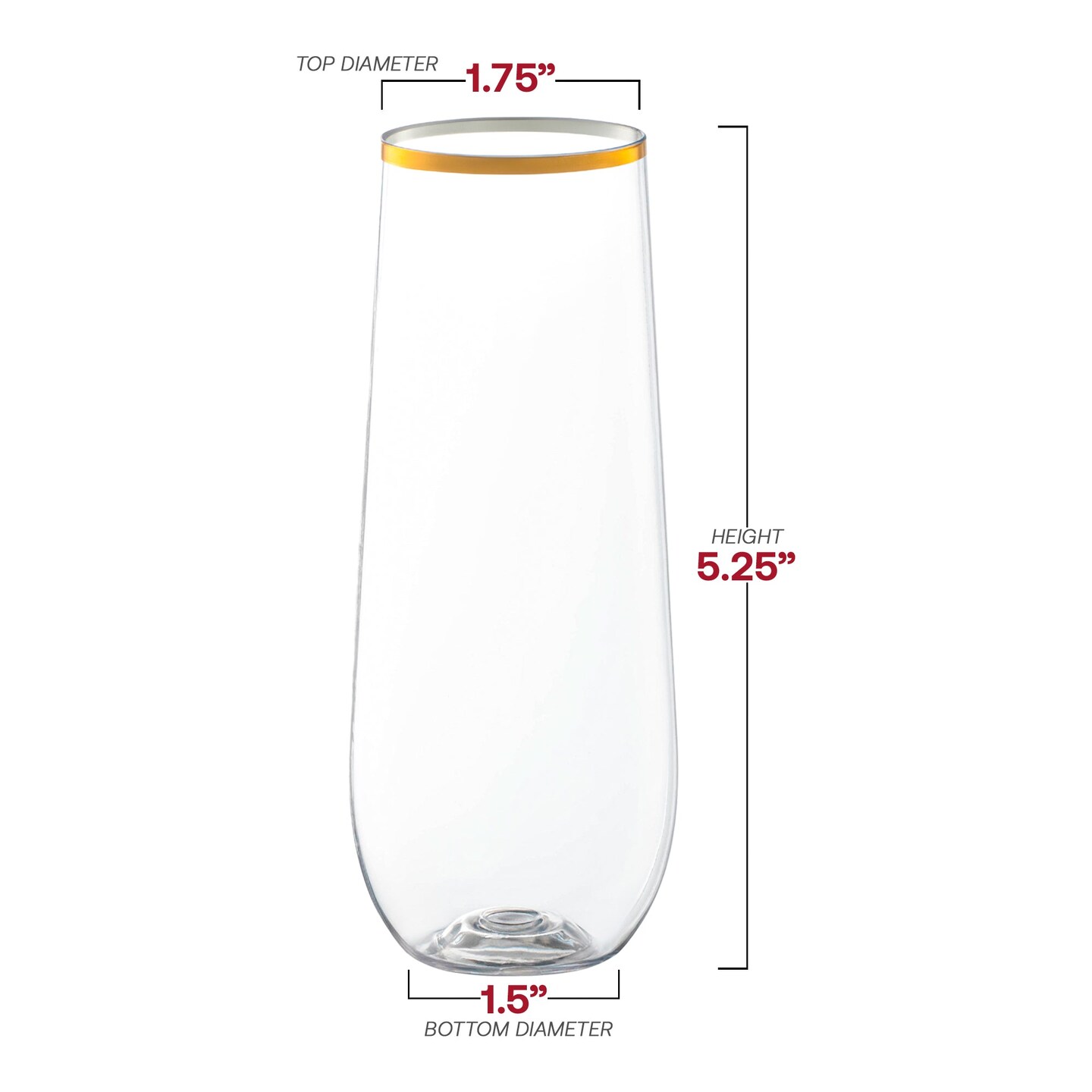 Clear with Gold Stemless Plastic Champagne Flutes - 9 oz. (64 Glasses)