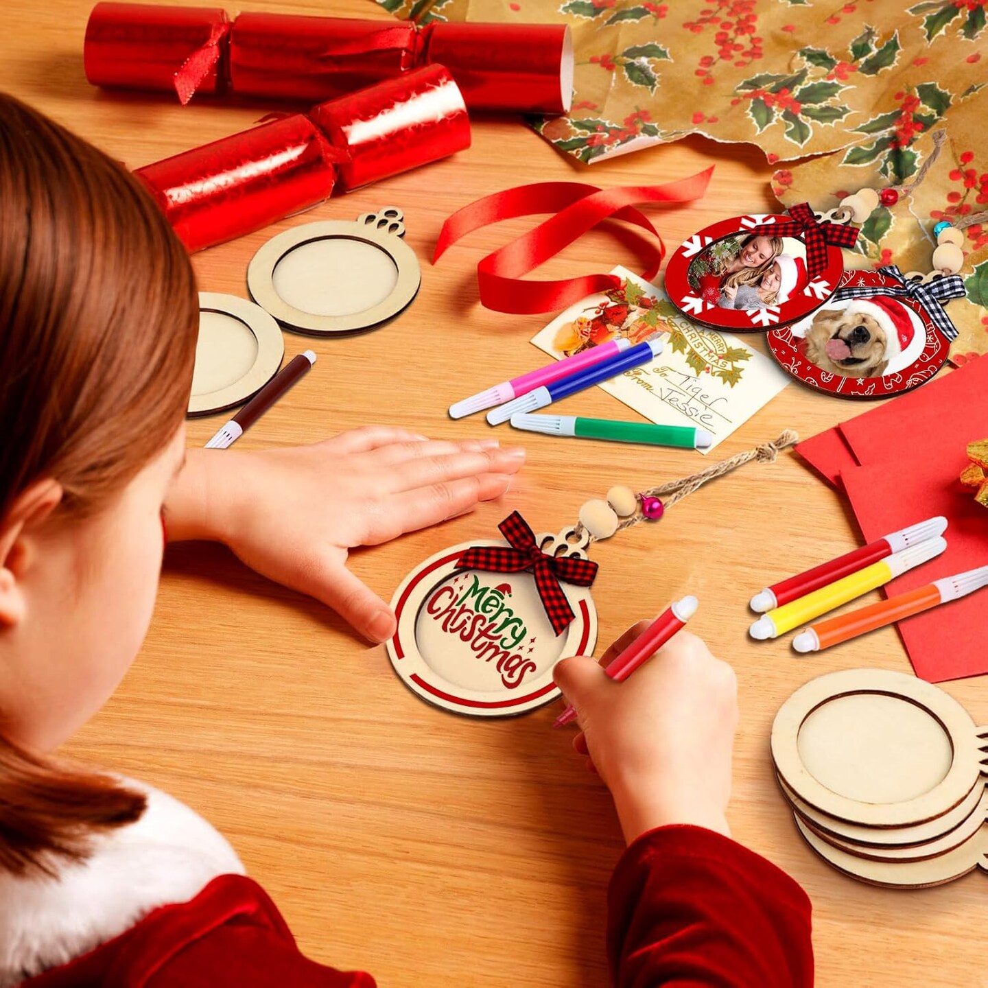 24PCS Christmas Picture Frame Ornaments for Christmas Tree, DIY Unfinished Wooden Photo Frame with Beads Bowknot and Colored Markers to Paint, Decorative Hanging Ornaments for Xmas Tree Decor