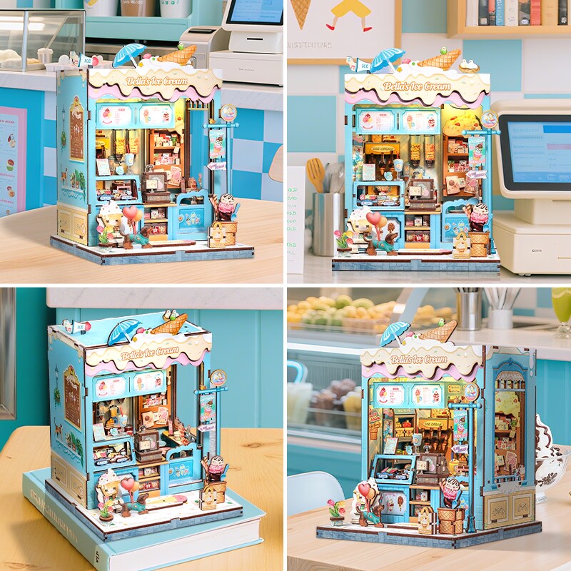 Bella's Ice Cream Dollhouse Kit - Miniature Wizardi Roombox Kit with LED Light F07M51-93-CWGC212