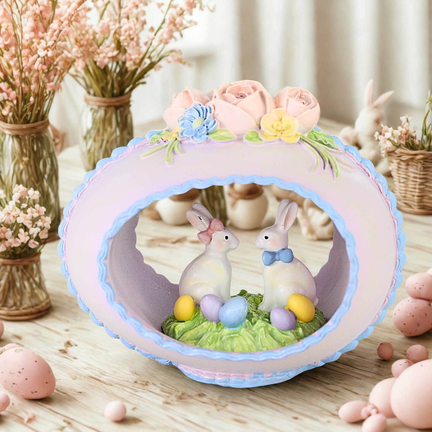 Roman 5.5 Inch Pink Sugar Egg Easter Figurine , Spring Decor Easter Egg Rabbit