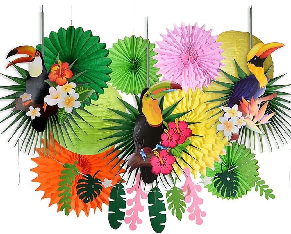 Toucan Luau Decorations,Tiki Party Decorations,Tropical Garland Bird Kit for Summer,Palm Tree Decor,Hawaiian Jungle Themed Party Decors with Paper Palm Leaves, Paper Fan Lanterns