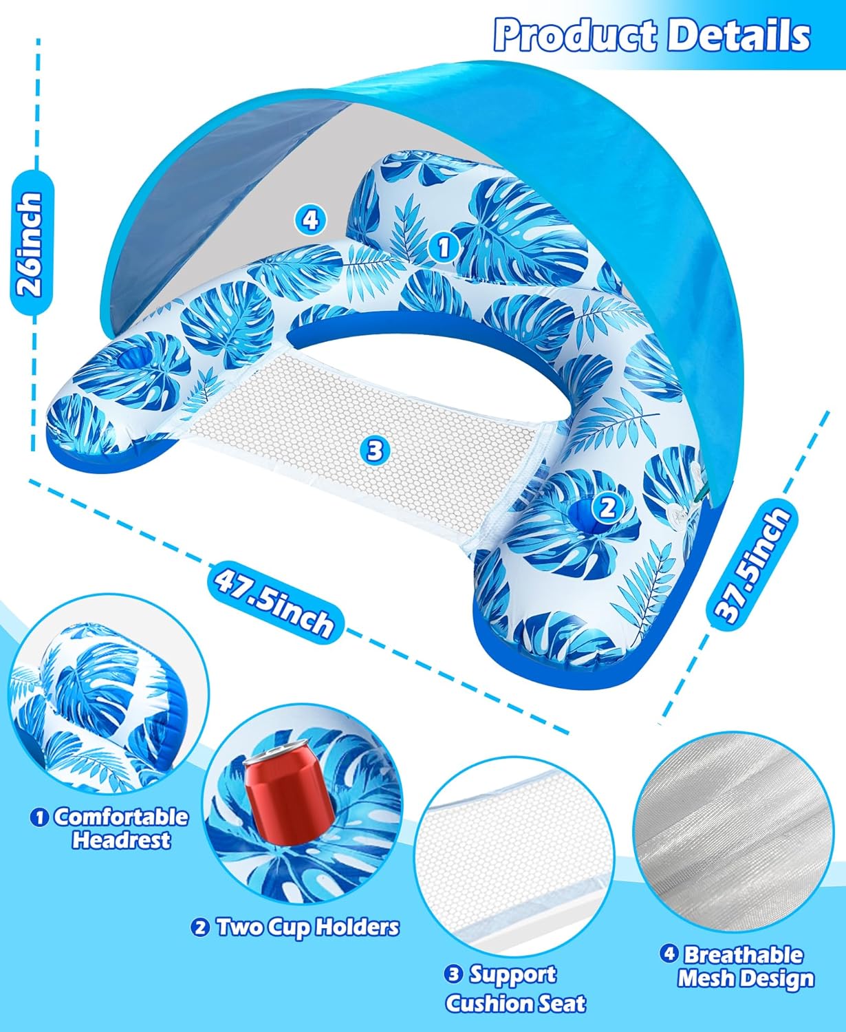 Pool Float with Canopy, Inflatable Pool Floats for Adult with 2 Cup Holders - XL Pool Lounger Chairs with Detachable Shade Mesh Seat &#x26; Headrest for Hawaiian Pool Party Beach Summer Water Fun