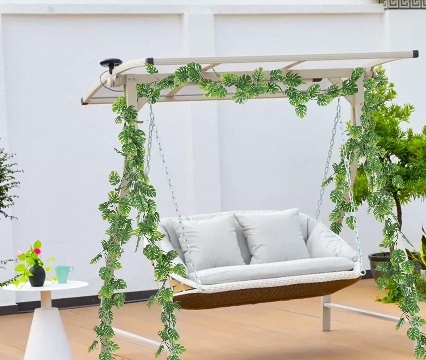 4Pcs Artificial Monstera Leaf Vines, 5.9FT Fake Hanging Plant Ivy Palm Leaves Greenery Vine Faux Tropical Monstera Garland for Garden Porch Patio Jungle Luau Party Beach Birthday Indoor Outdoor Décor