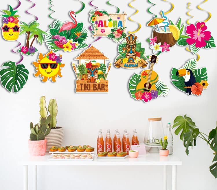 30pcs Luau Party Decorations Hawaiian Decorations Tiki Decorations Tropical Party Decorations Luau Hanging Swirls Aloha Party Decorations, Flower Palm Flamingo Sign Foil Ceiling Summer Decor
