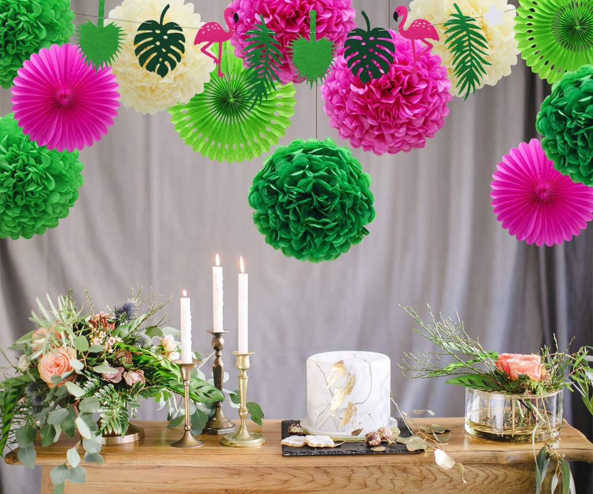 Hawaiian Party Decorations Flamingo Green Palm Leaf Banner with Pom Poms Paper Flowers Tissue Paper Fans for Luau Tropical Jungle Beach Safari Party Supplies Theme