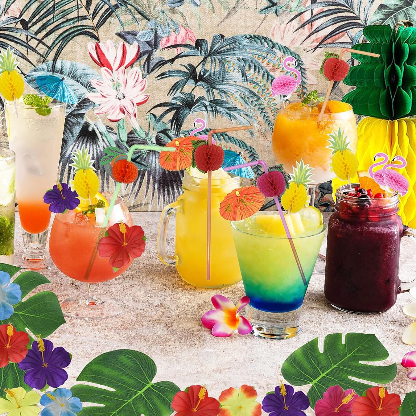 Tropical Luau Party Decoration Pack Hawaiian Beach Theme Party Favors Luau Party Supplies (112 PCS) including Banner, Table Skirt, Straws, Flamingo, Pineapple Décors.