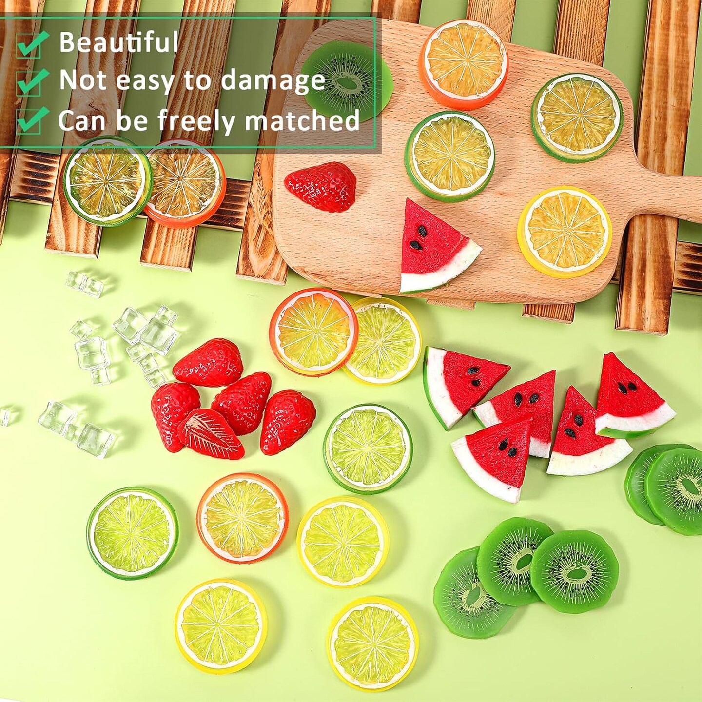 48-Piece Fake Fruit Ice Cube Set – Mixed Lemon, Watermelon, Strawberry, and Kiwi Slices with Clear Ice Cubes for Party, Kitchen, Wedding, and Centerpiece Display Décor
