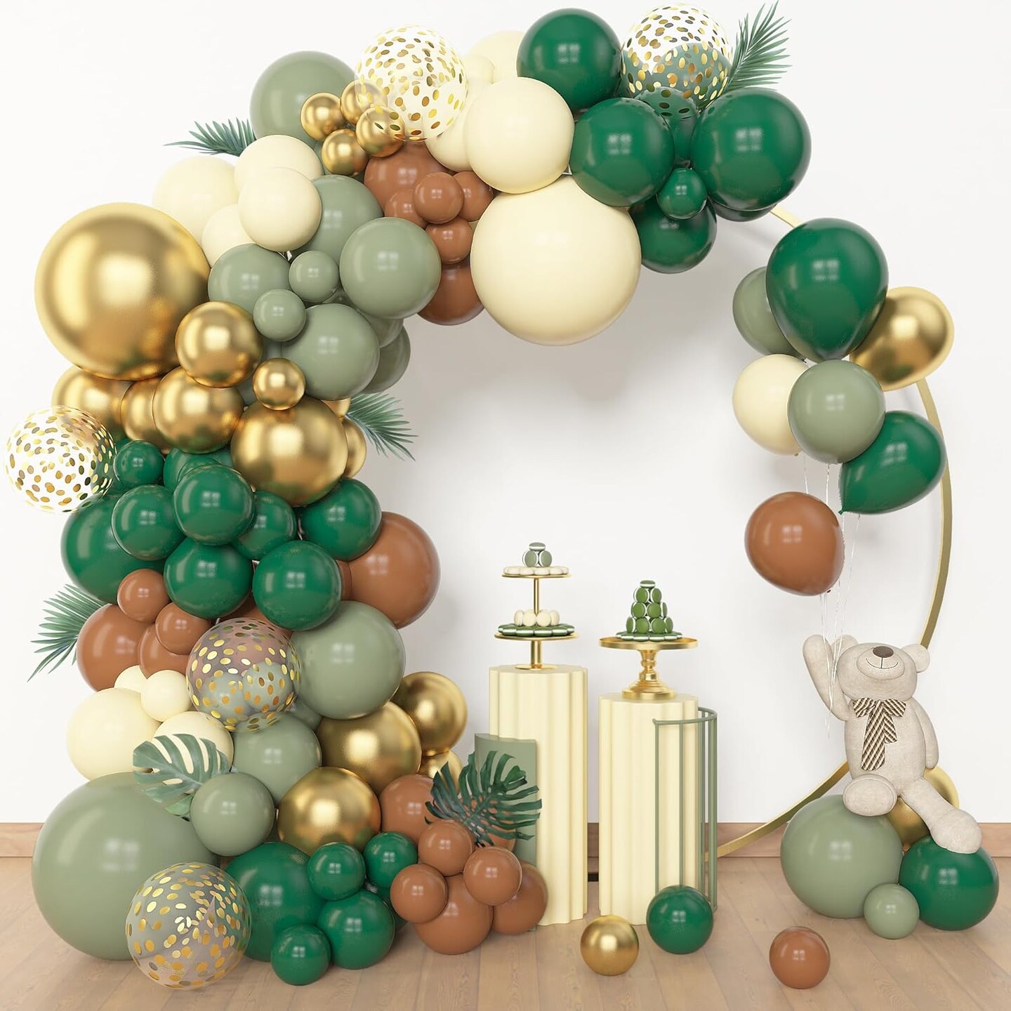 153pcs Green Brown Balloon Garland Arch Kit, Different Sizes 18 12 10 5 inch Sage Green Ivory Gold Latex Metallic Confetti Balloon for Safari Jungle Wild One Woodland Tropical Party Decoration