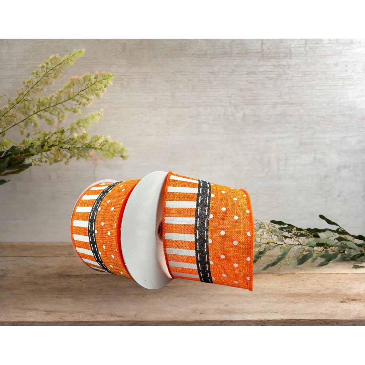 2.5&#x22; Linen Dots &#x26; Stripes Ribbon: Orange, Black, White (10 Yards)