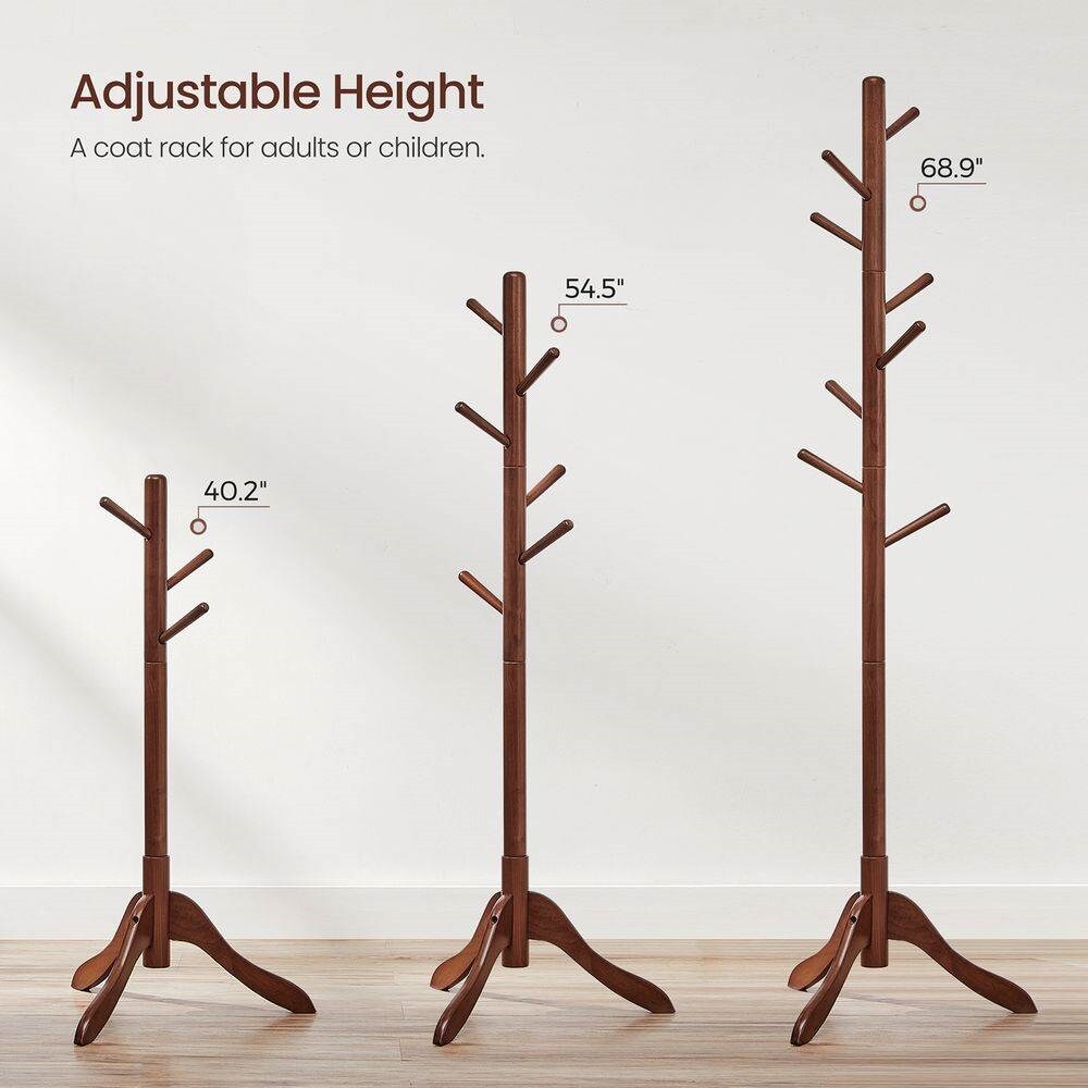 68.9” Tall Space Saving Solid Wood Coat Rack with 8 Hooks and Triangular Base for Home or Office