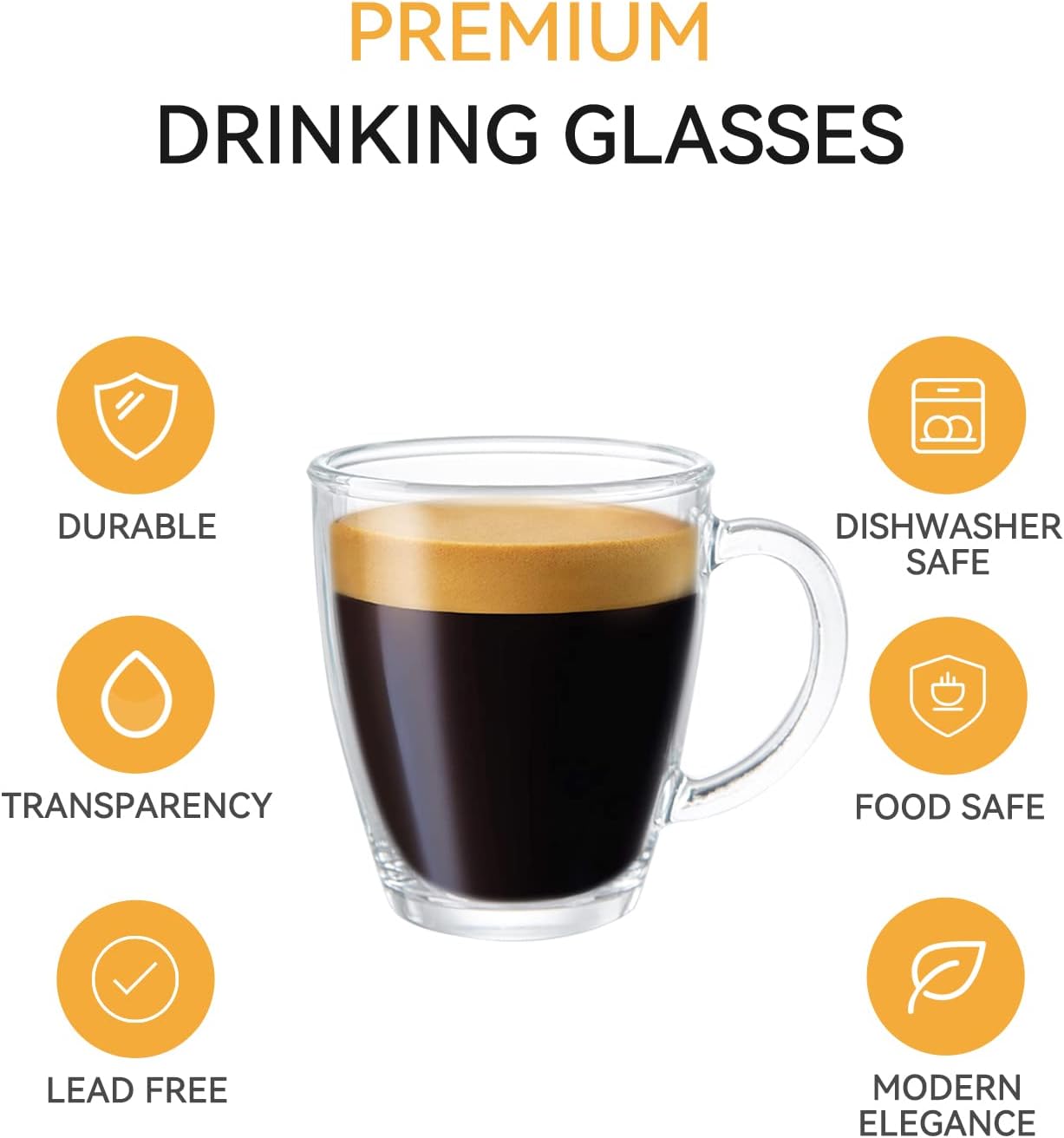 6 PACK,12 OZ - Premium Glass Coffee Mugs with Handle.