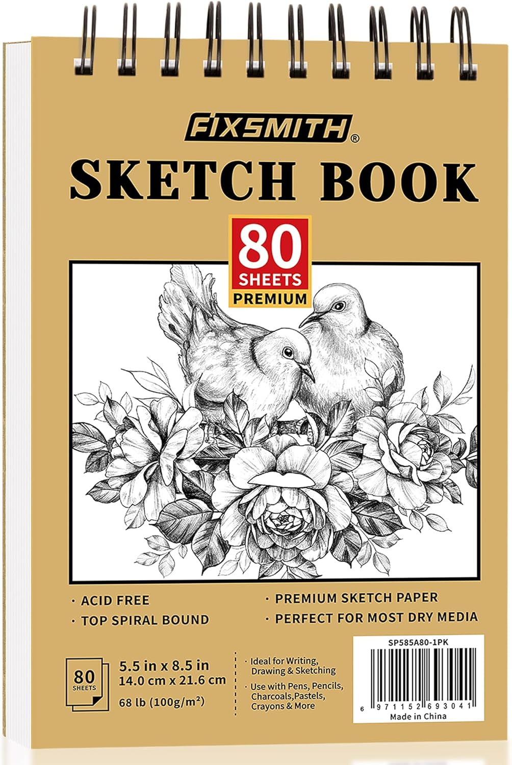 5.5×8.5 in Spiral Sketchbook – 80 Sheets, Acid-Free, Bright White