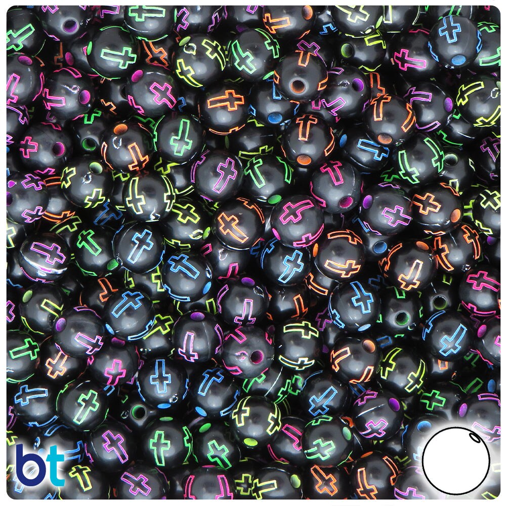 BeadTin Black Opaque 8mm Round Plastic Alpha Beads - Colored Accent Crosses (200pcs)