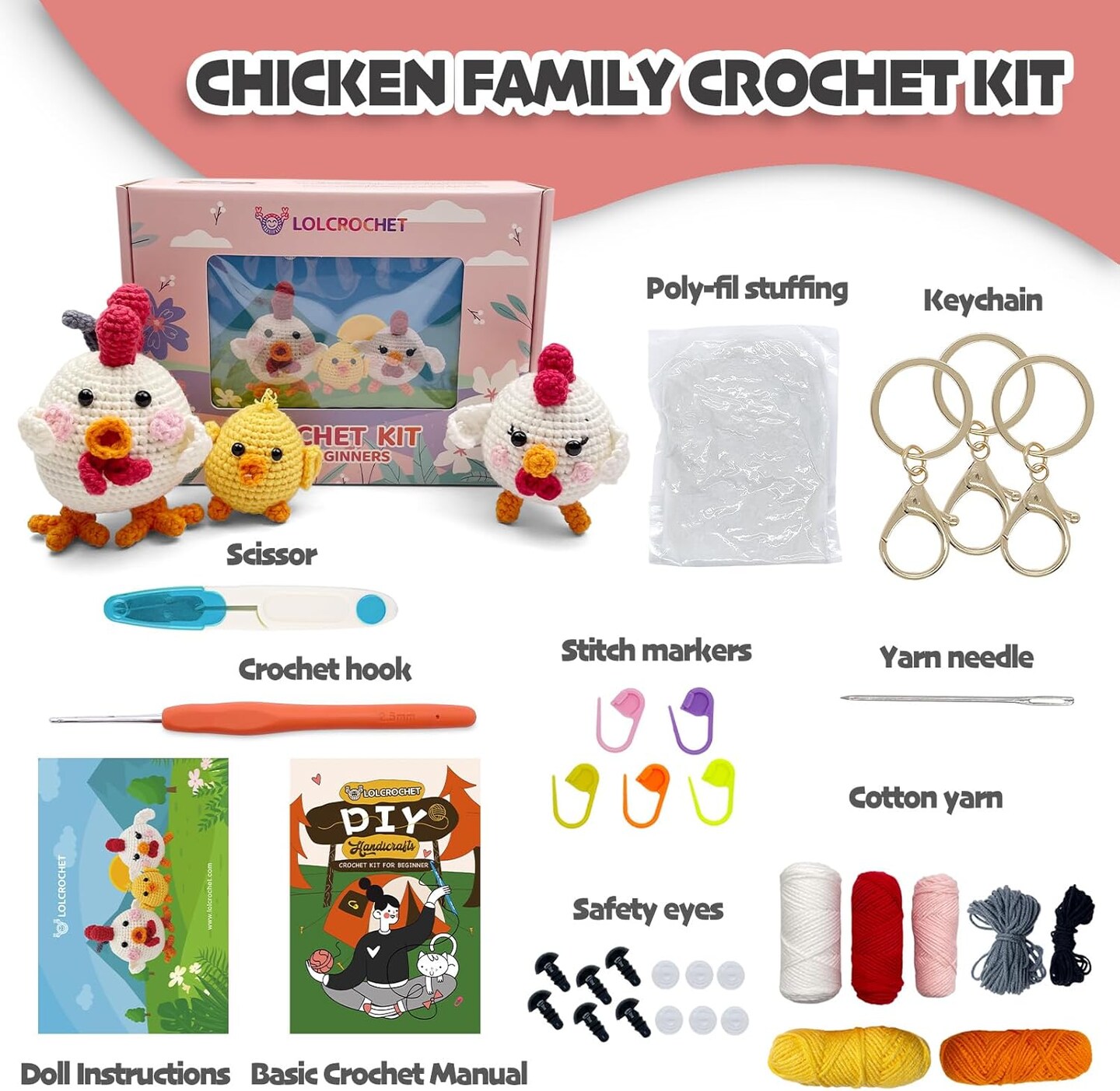 Chicken Crochet Kit for Beginners, Cute Animals DIY Amigurumi Starter Set