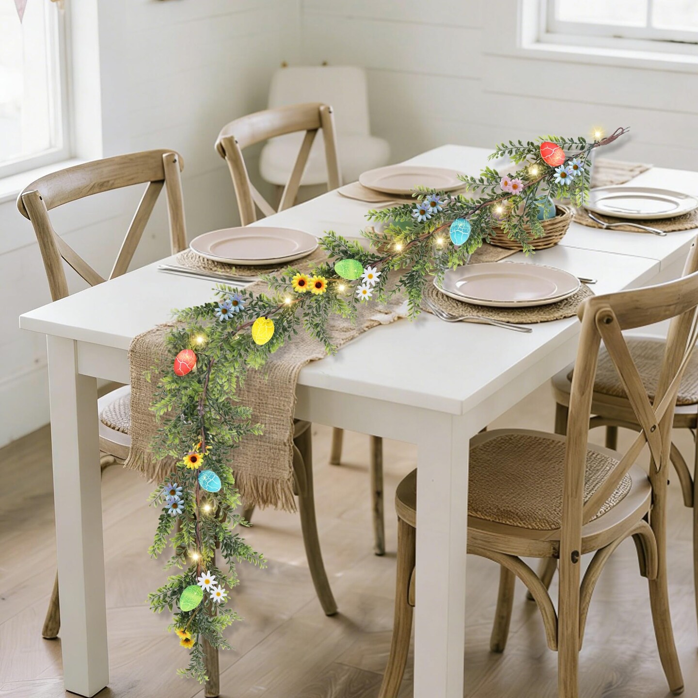 Easter Garland Decor, 6.5 FT LED Lighted Garland with Easter Eggs & Flowers, Spring Floral Decoration for Fireplace, Mantle, Table & Indoor Home Decor
