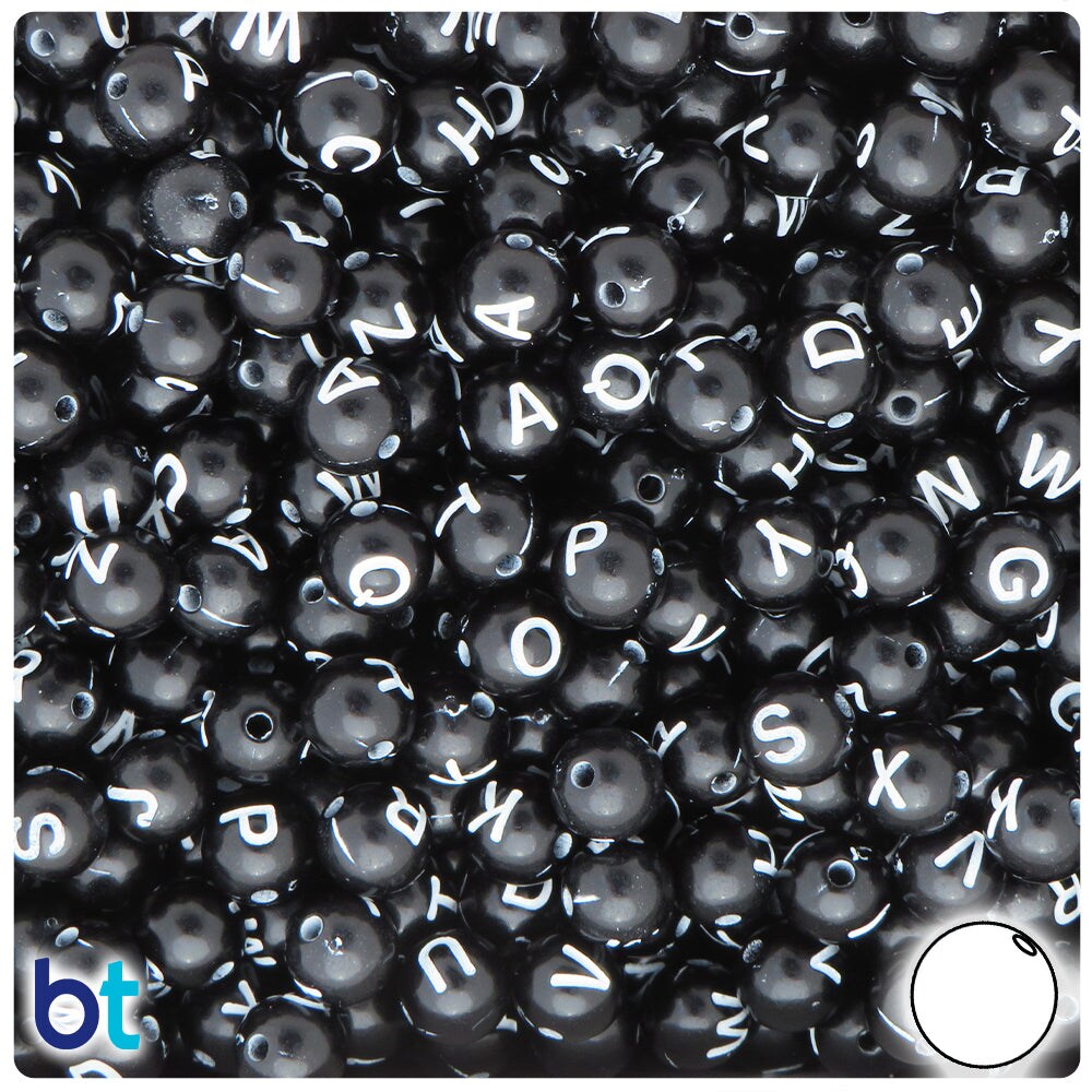 BeadTin Black Opaque 8mm Round Plastic Alpha Beads - White Letter Mix (200pcs)