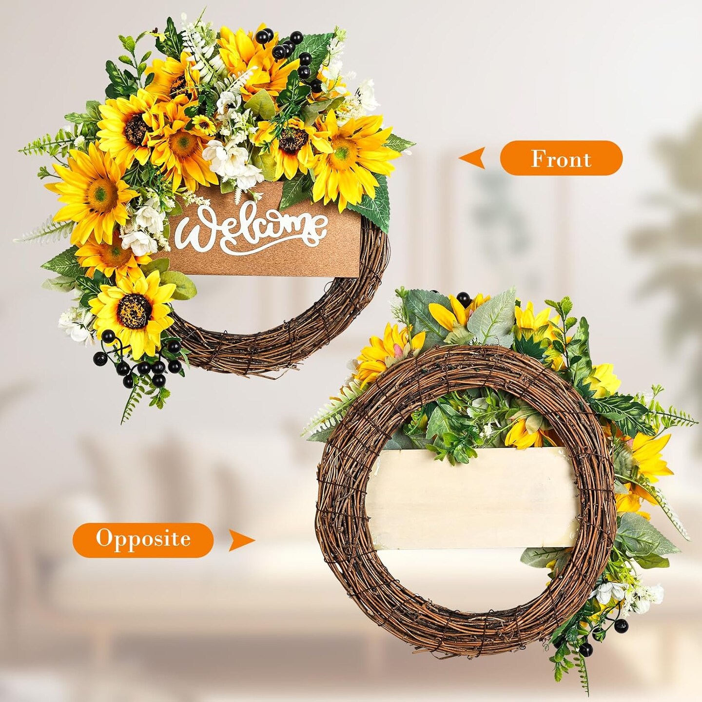 15“ Sunflower Summer Floral Wreath for Front Door with Welcome Sign,Sunflower Daisy Yellow Summer Wreath for Door Wall Front Porch Home Decoration Outdoor