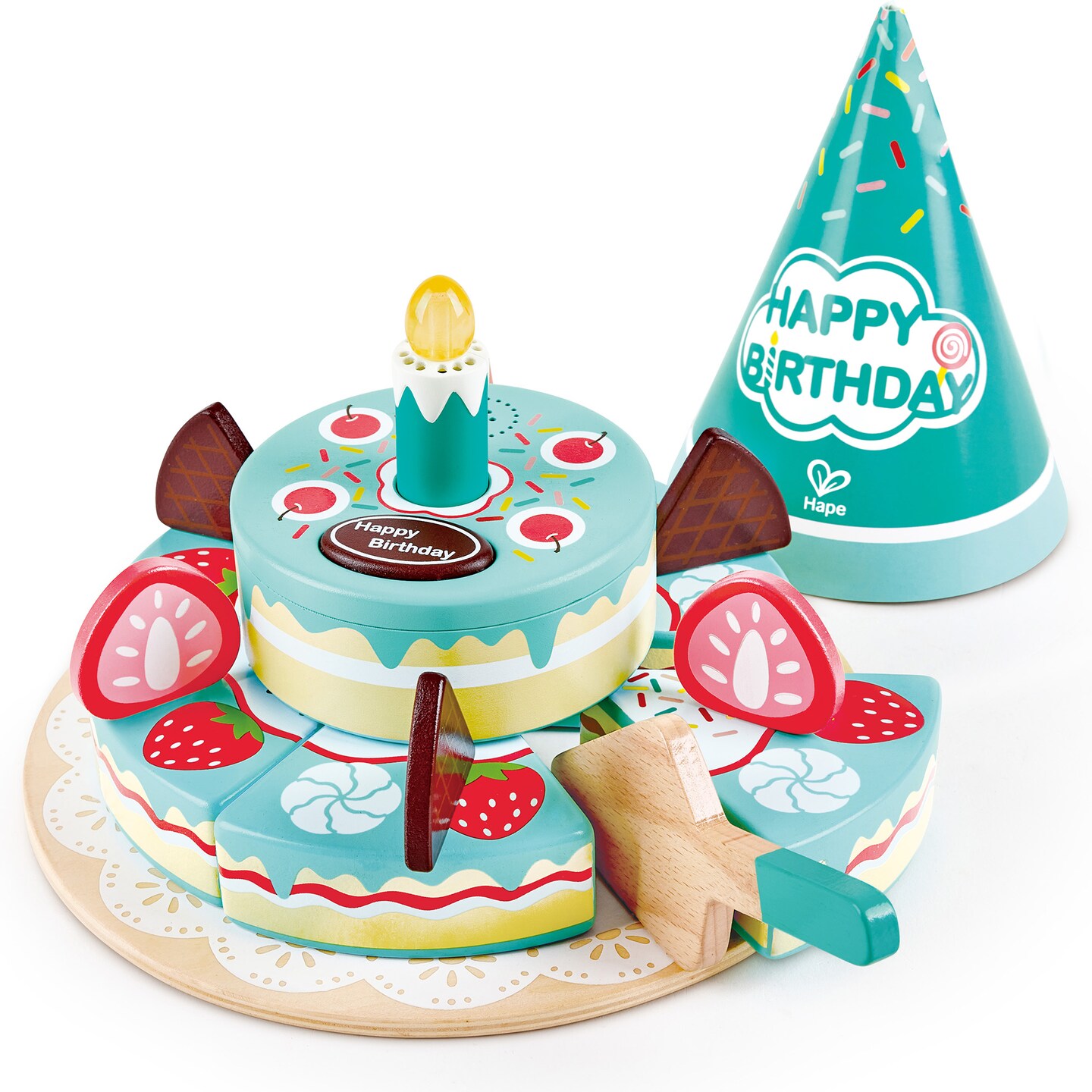 Hape: Interactive Happy Birthday Cake&#xA0;- 16pc Light &#x26; Sound Wooden Toy, Cake-Hat-Candle-Slicer, Kitchen Food, Pretend Playset, Toddlers &#x26; Kids Ages 2+