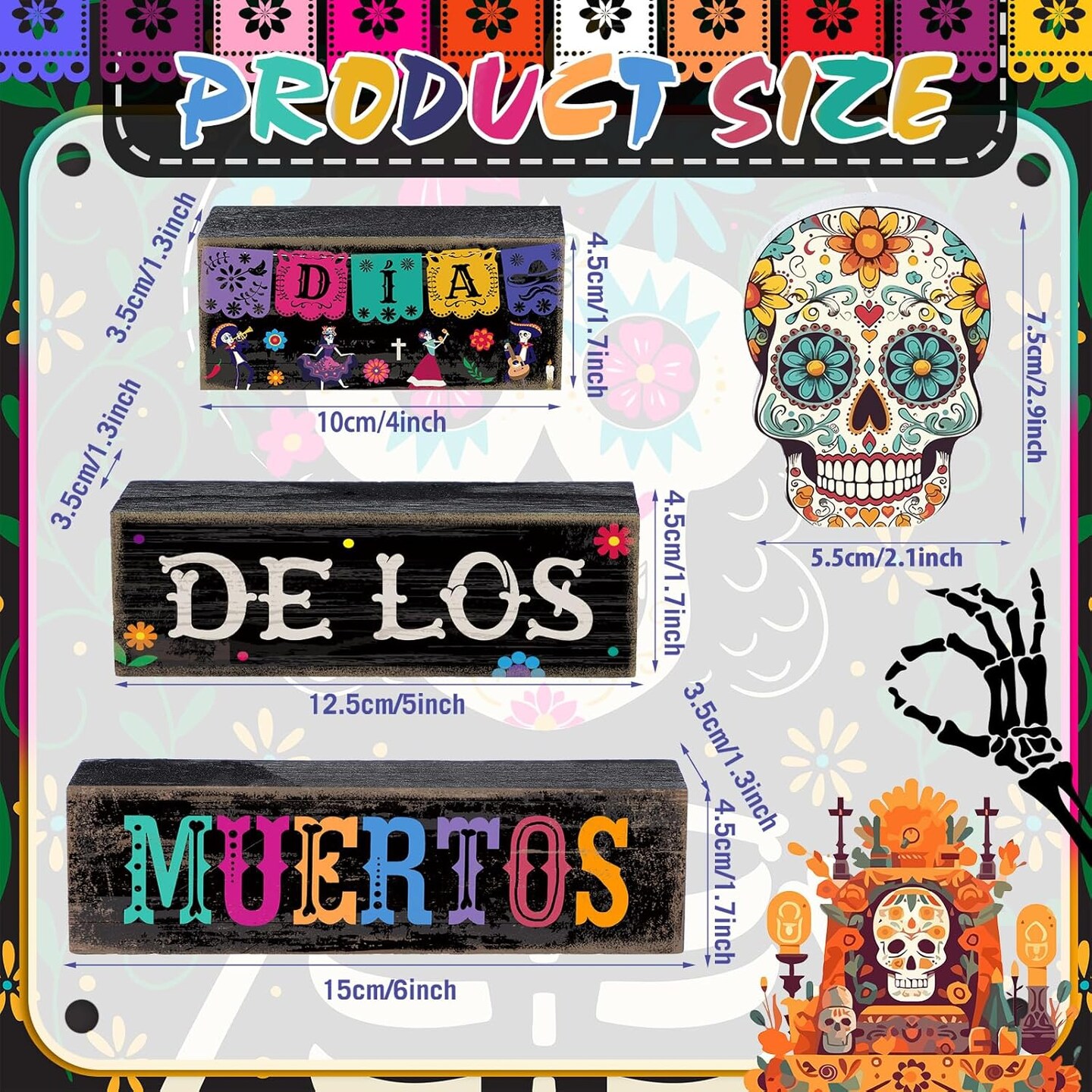 4 Pcs Day of The Dead Table Decorations Day of The Dead Centerpiece for Table Dia De Los Muertos Tiered Tray Decor Wood Sugar Skull Multicolor