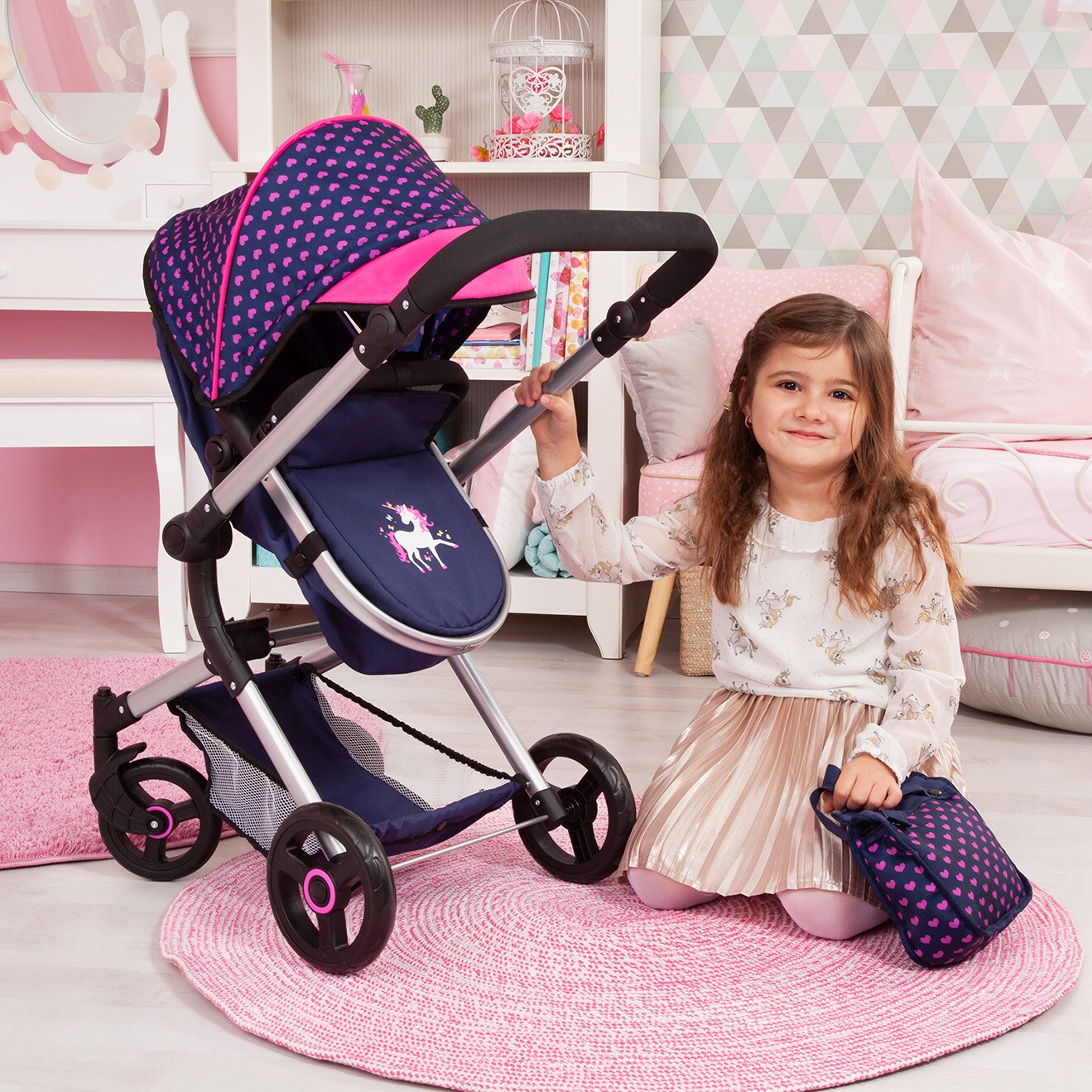 Bayer: Vario Doll Pram with Adjustable Reversible Handle, Holds Dolls up to 52cm, Blue Pink Unicorn Design, Convertible to Jogger
