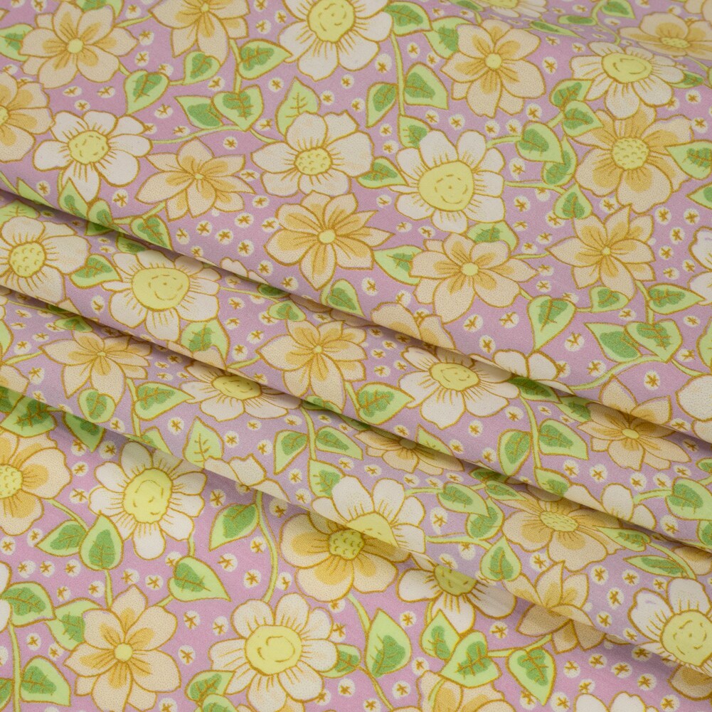 1 Yard Lilac Cotton Poplin Fabric with Daisy Floral Print Lightweight