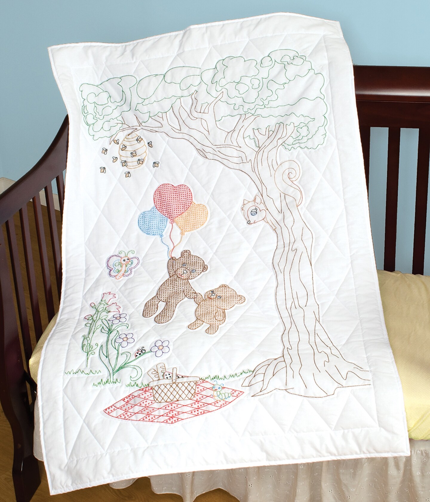 Jack Dempsey Stamped White Quilt Crib Top 40"X60"-Honey Bears